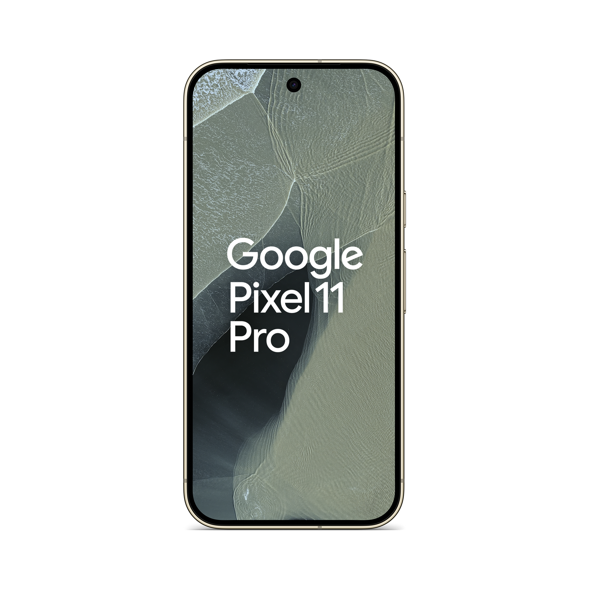 Ein goldenes Google Pixel 11 Pro Smartphone mit Wellenhintergrund und weißem Text.