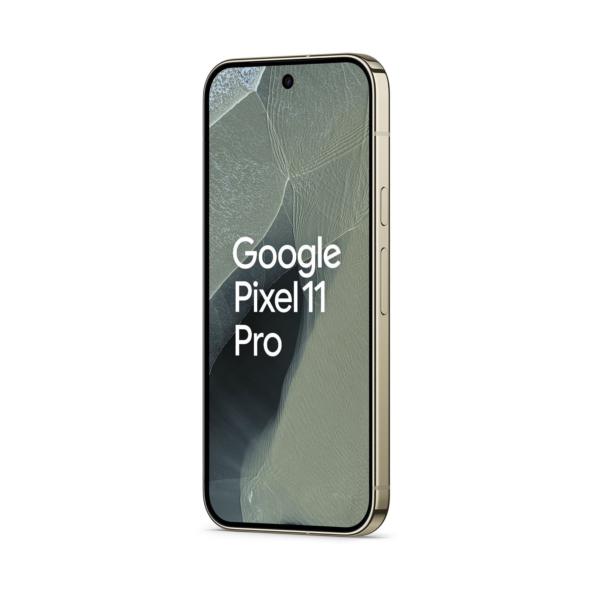 Ein goldenes Google Pixel 11 Pro Smartphone mit abstraktem Hintergrund und dem Text auf dem Bildschirm.