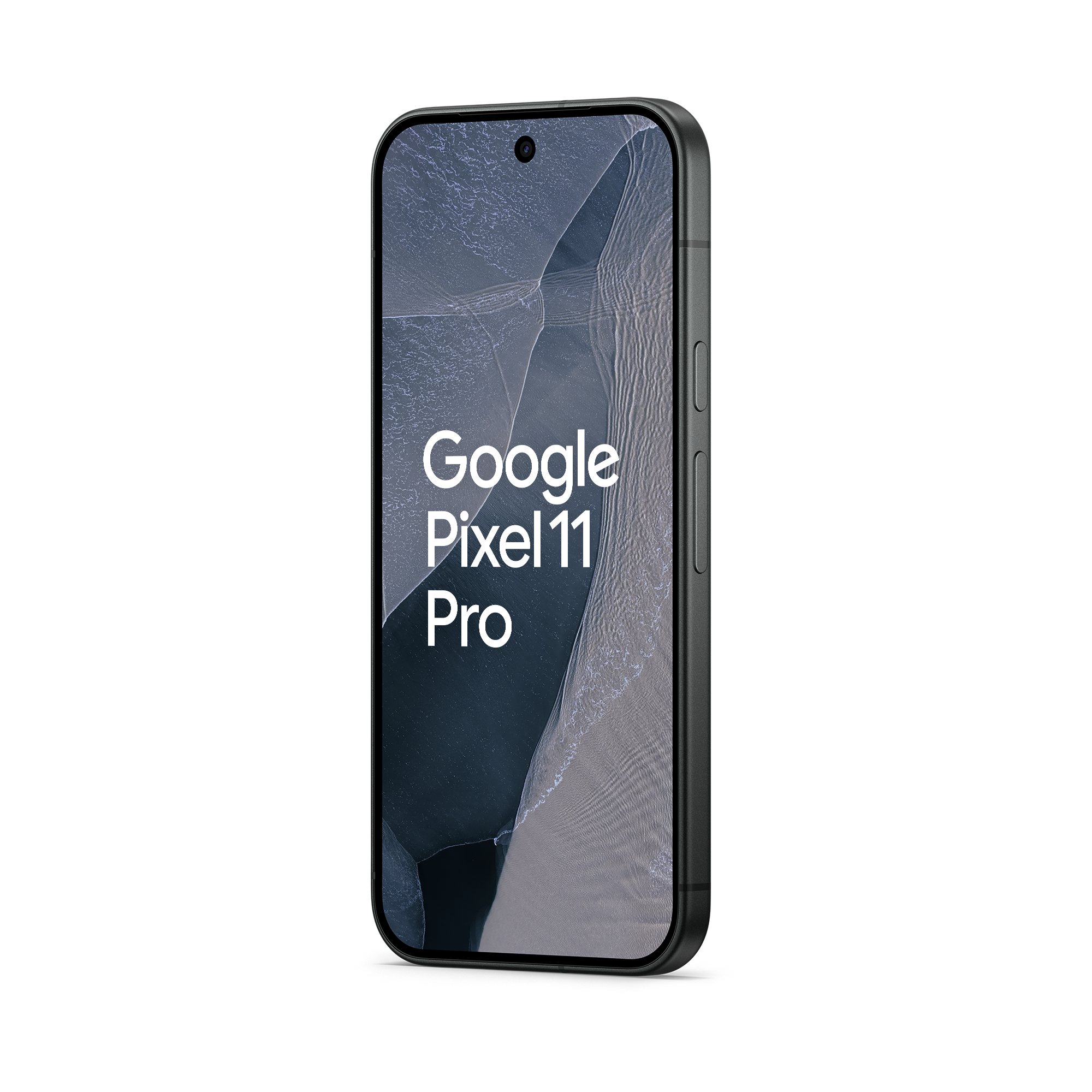 Ein schwarzes Google Pixel 11 Pro Smartphone steht aufrecht vor einem weißen Hintergrund.