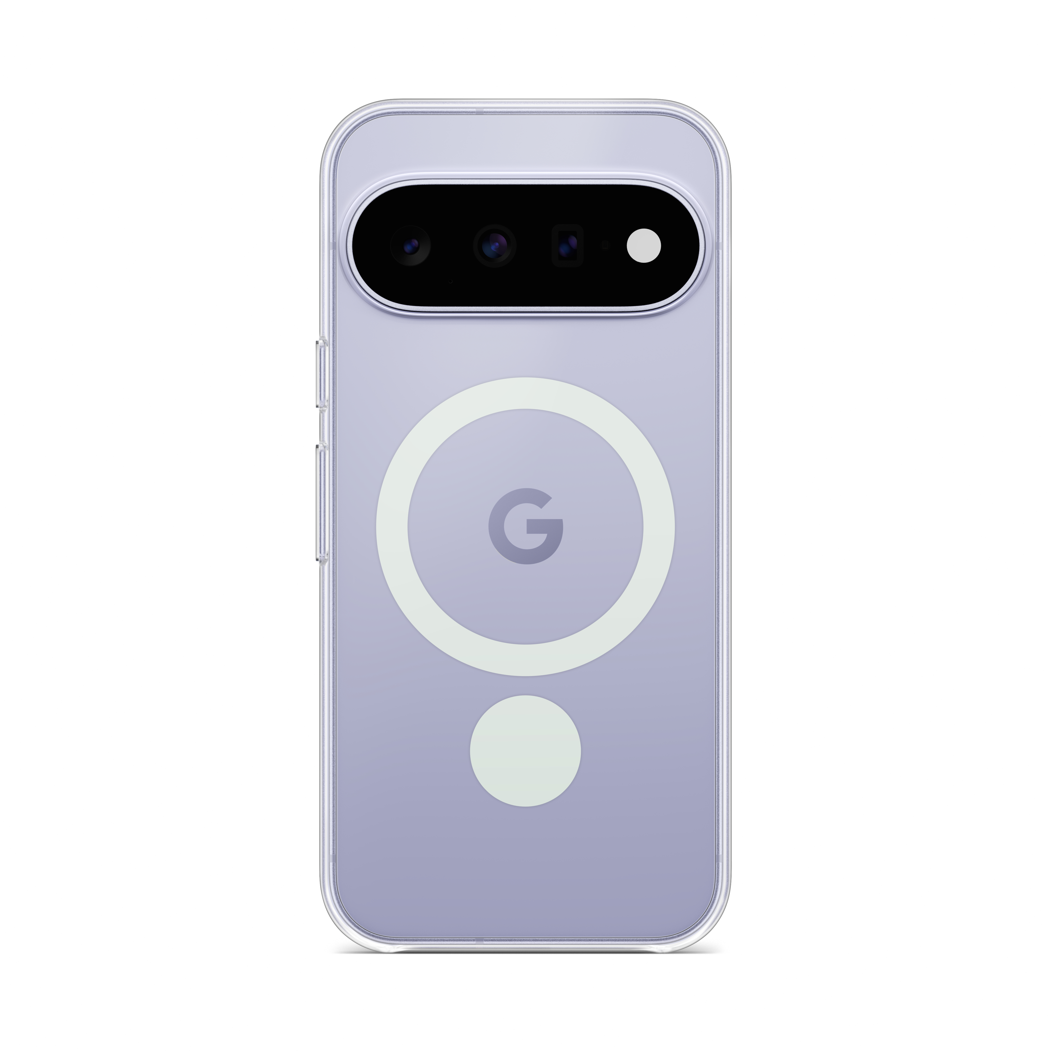 Rückansicht eines hellvioletten Smartphones in transparenter Hülle mit Magnetring und schwarzem Kamera-Modul.