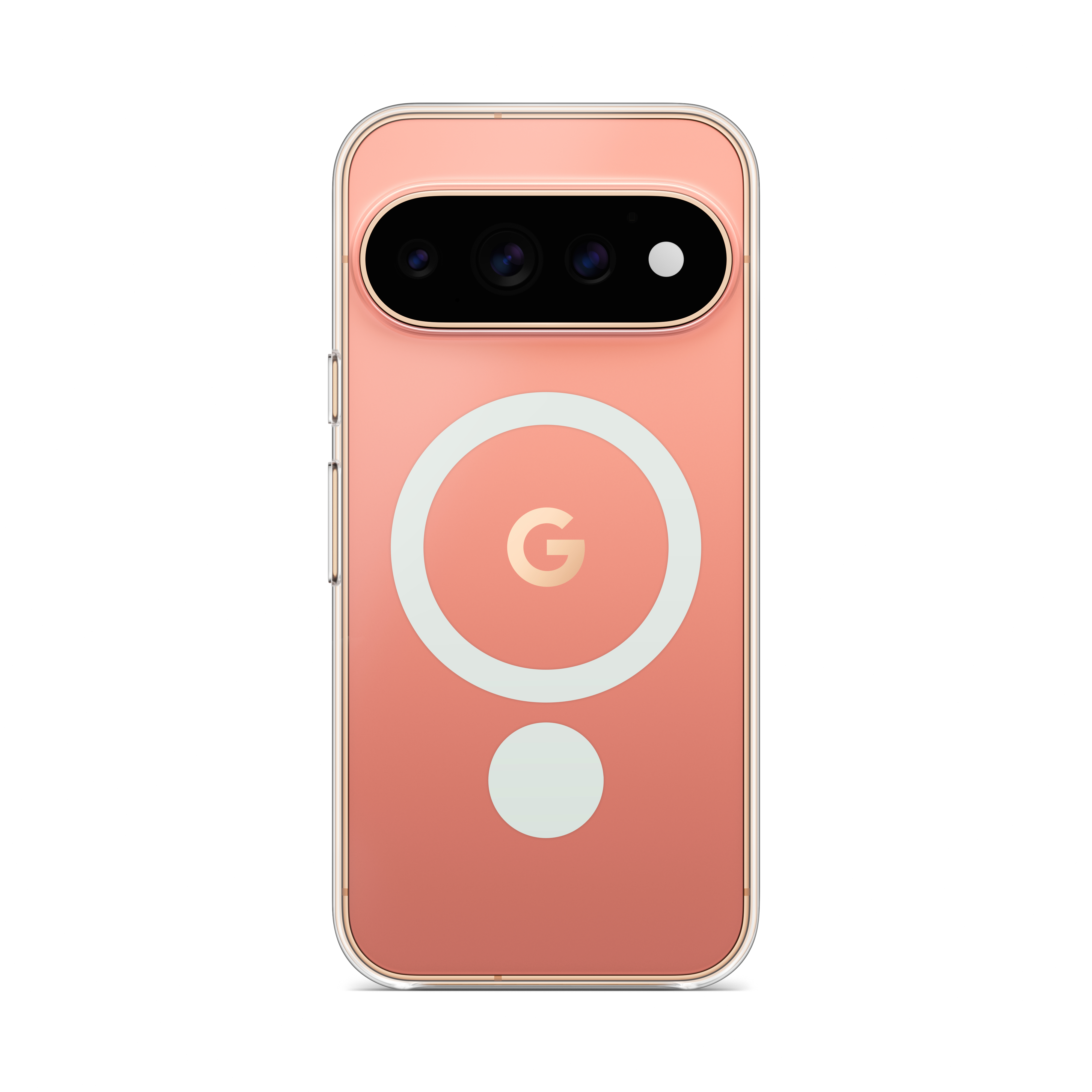 Rückseite eines roségoldenen Smartphones in einer klaren Schutzhülle mit einer MagSafe-Ringsymbolik und dem Google-Logo.