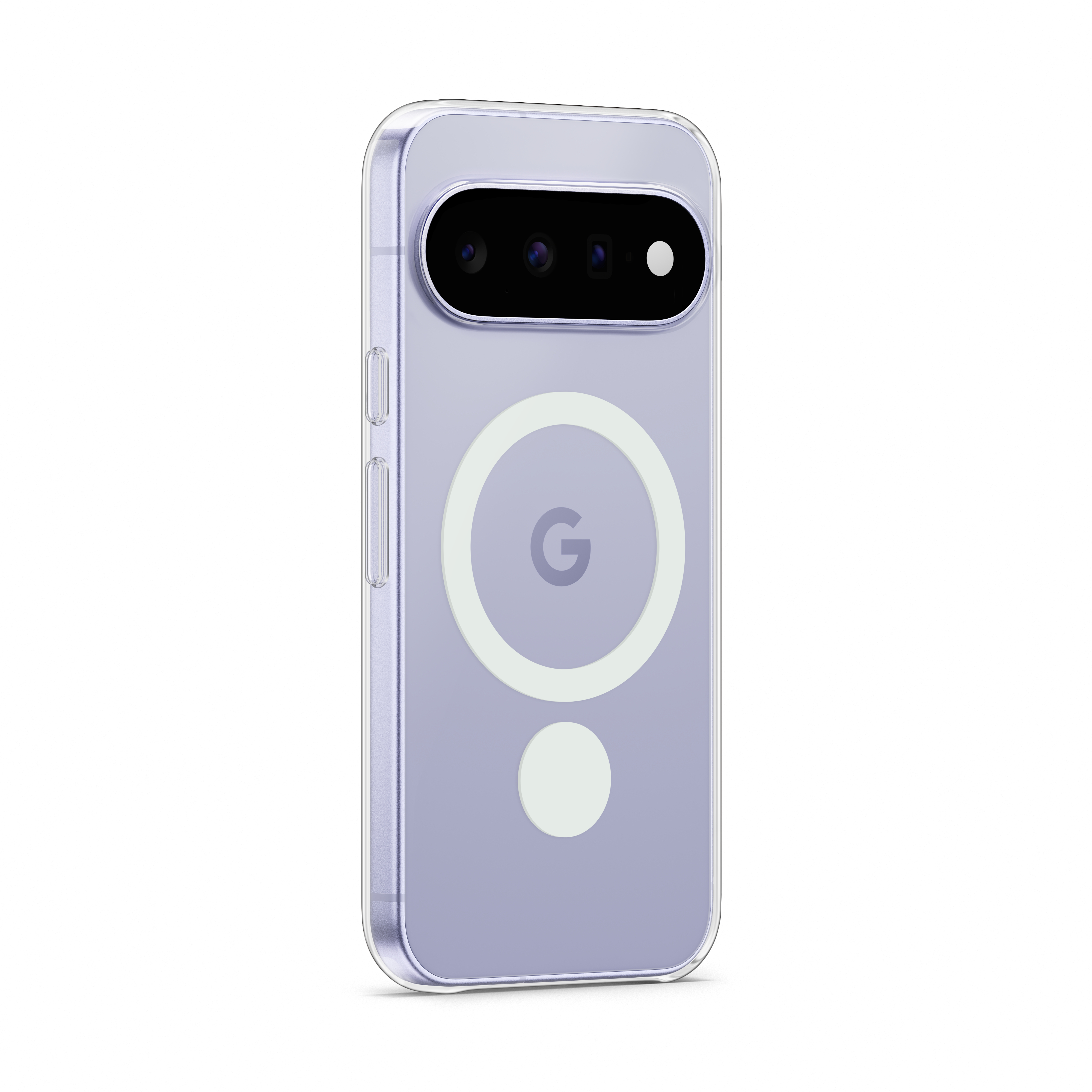 Ein lila Smartphone mit einer transparenten Schutzhülle zeigt die Rückseite mit Kameramodul und MagSafe-Ring.