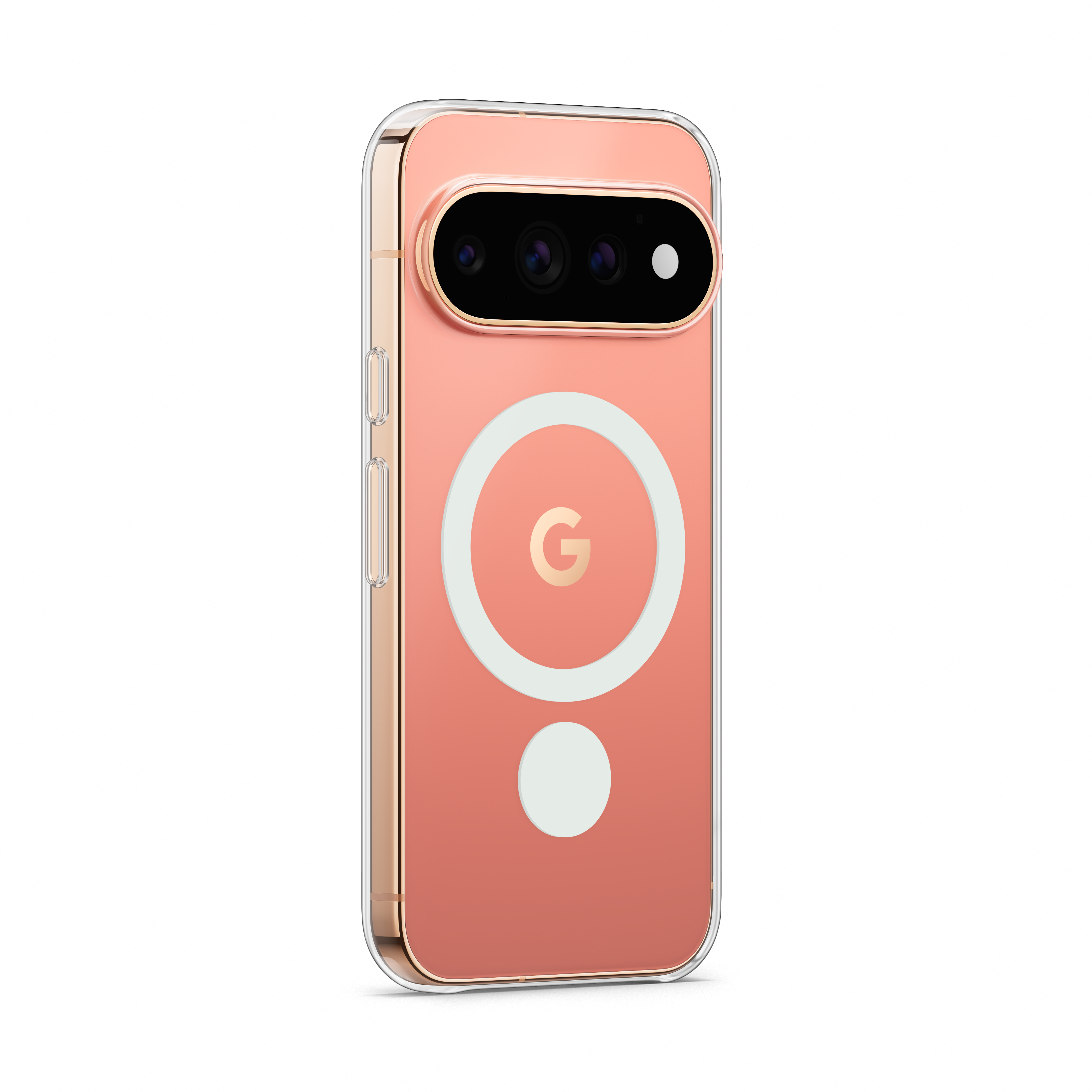 Rückseite eines rosafarbenen Smartphones in einer klaren Hülle mit weißem MagSafe-Ring und Google-Logo.