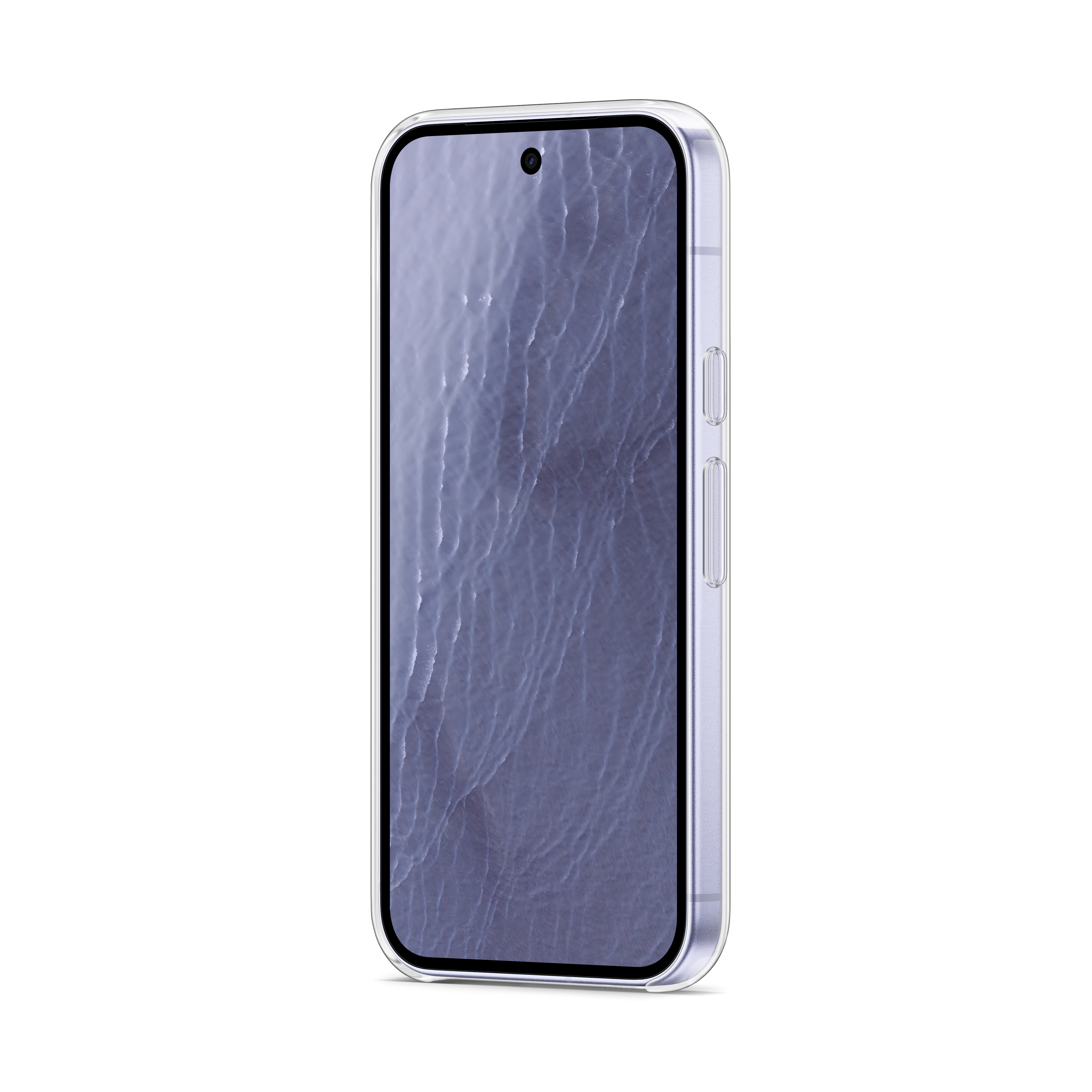 Ein Smartphone mit transparenter Schutzhülle und blauem Wasser-Hintergrundbild.