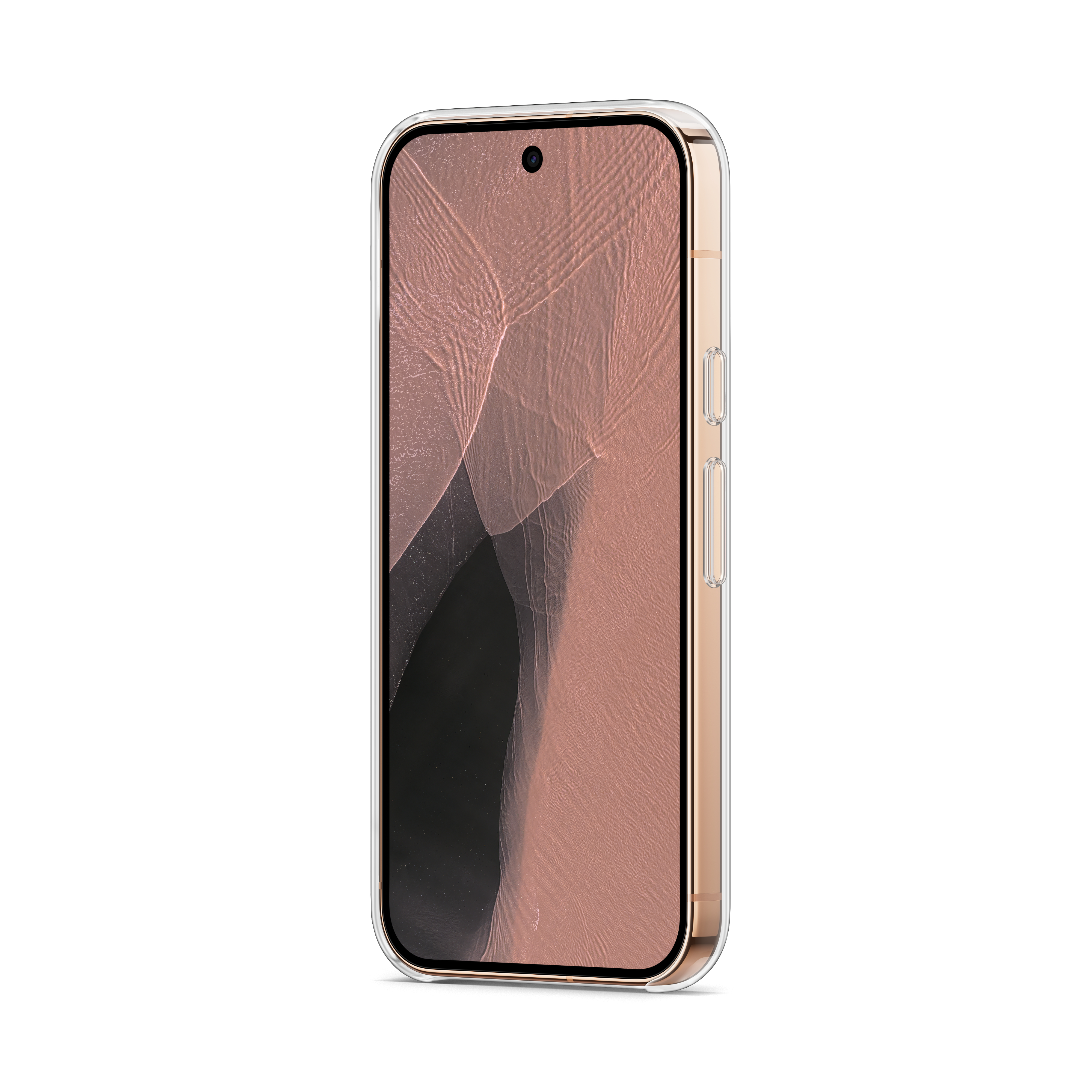 Ein Smartphone in einem klaren Schutzcase mit einem rosafarbenen Bildschirm auf weißem Hintergrund.