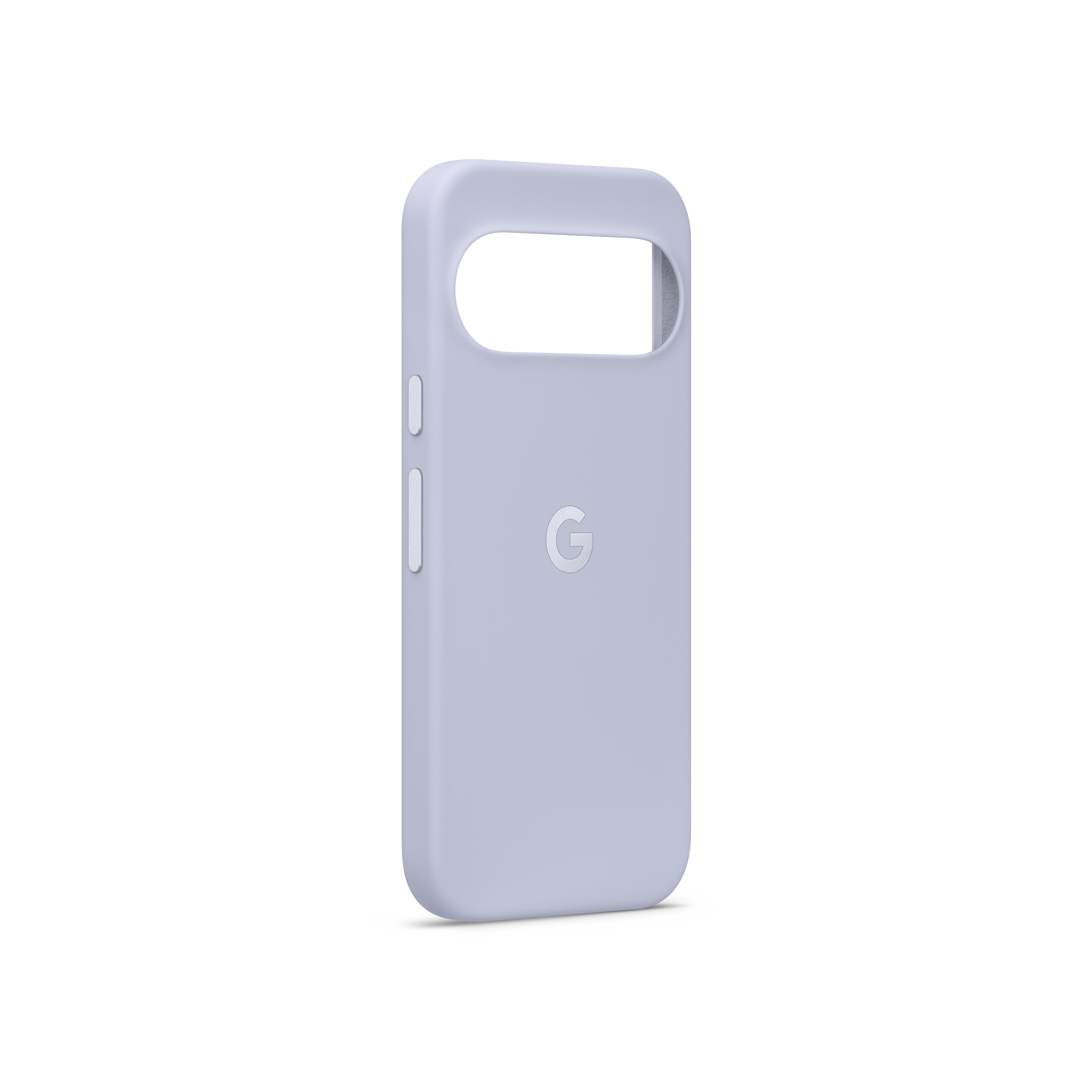 Ein hellvioletter Smartphone-Schutz mit Google-Logo und Aussparungen auf einer weißen Oberfläche.