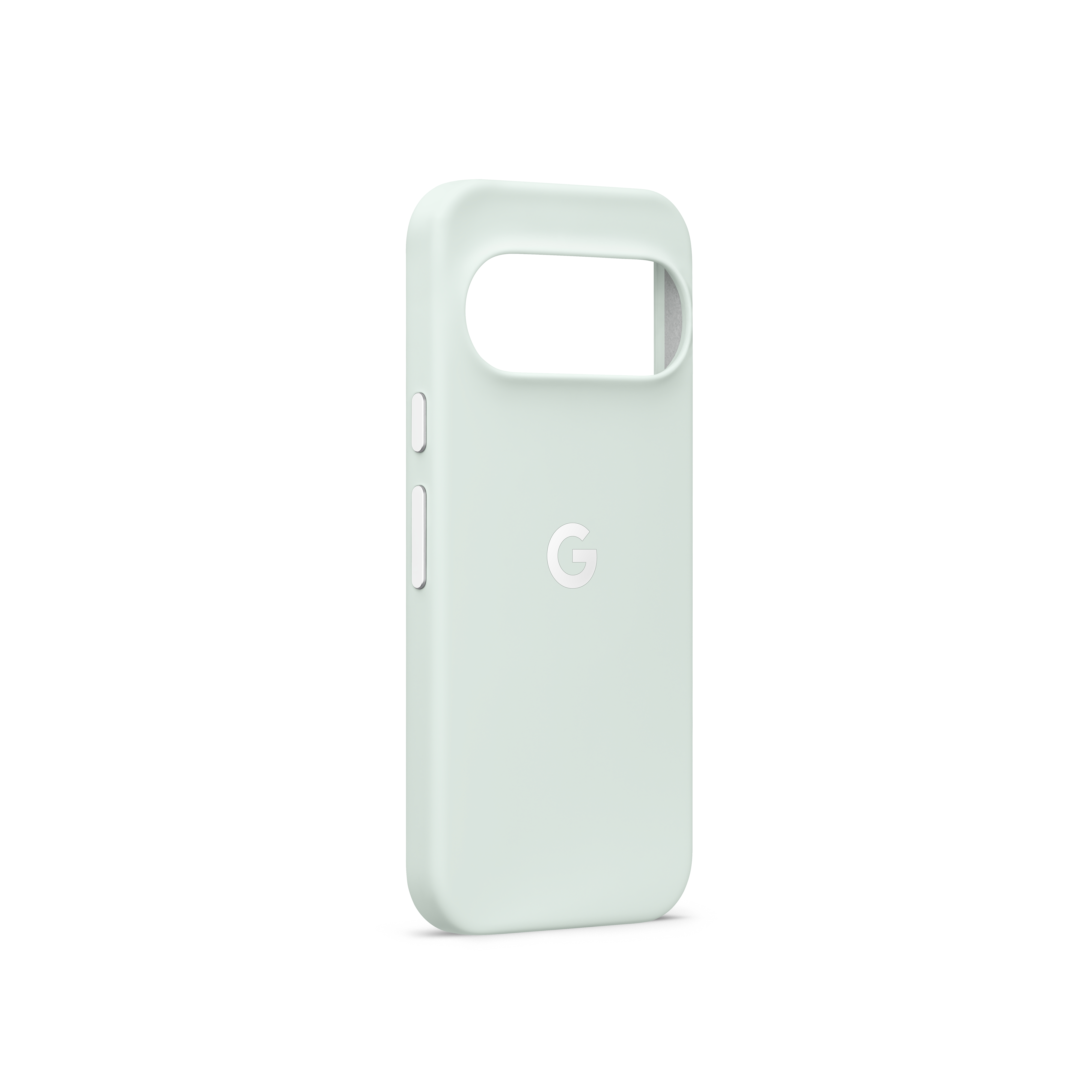 Ein hellgrünes Smartphone-Gehäuse mit der Google-Logo-Prägung auf weißem Hintergrund.