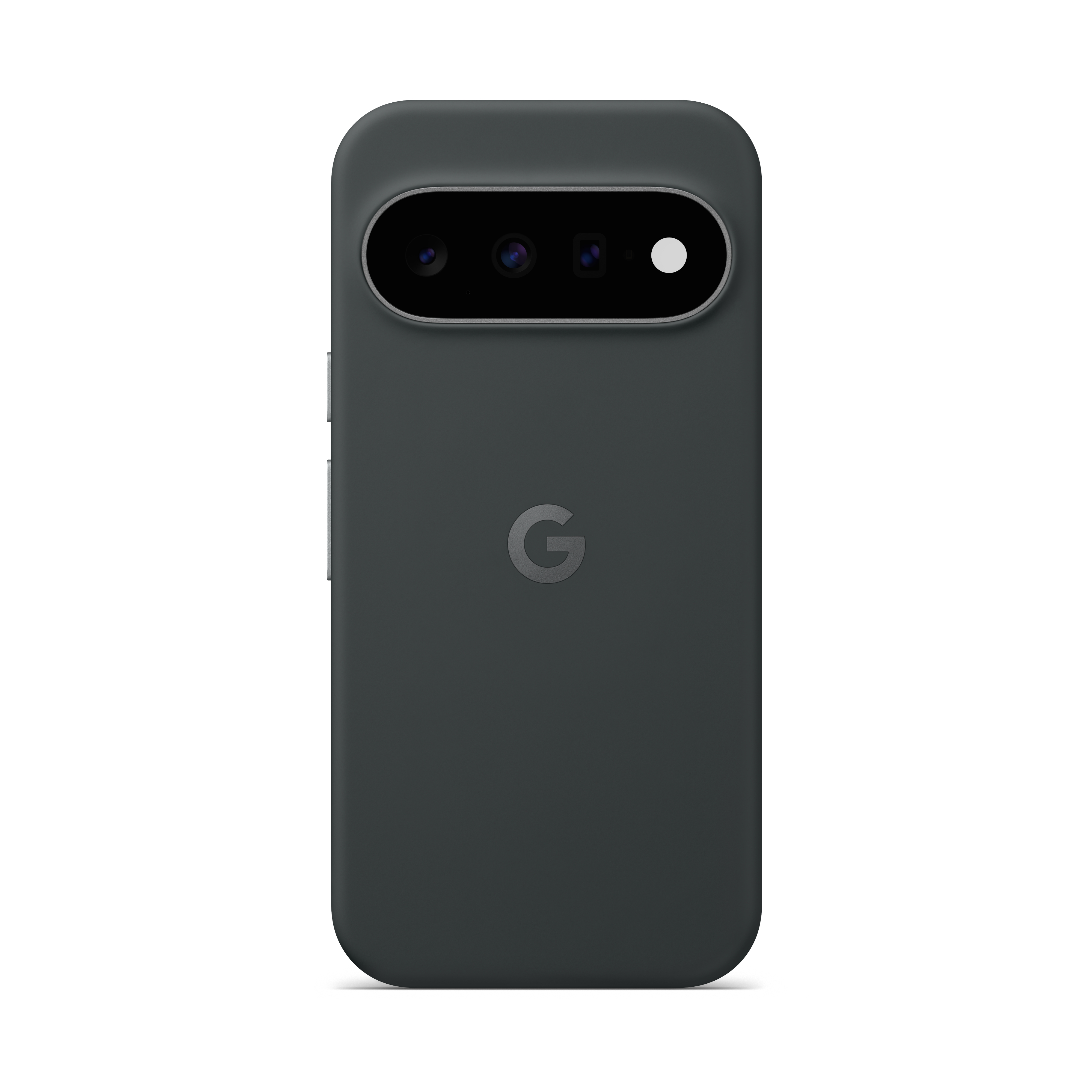 Rückseite eines dunklen Smartphones in einer Schutzhülle mit horizontalem Kameramodul und Google-Logo.