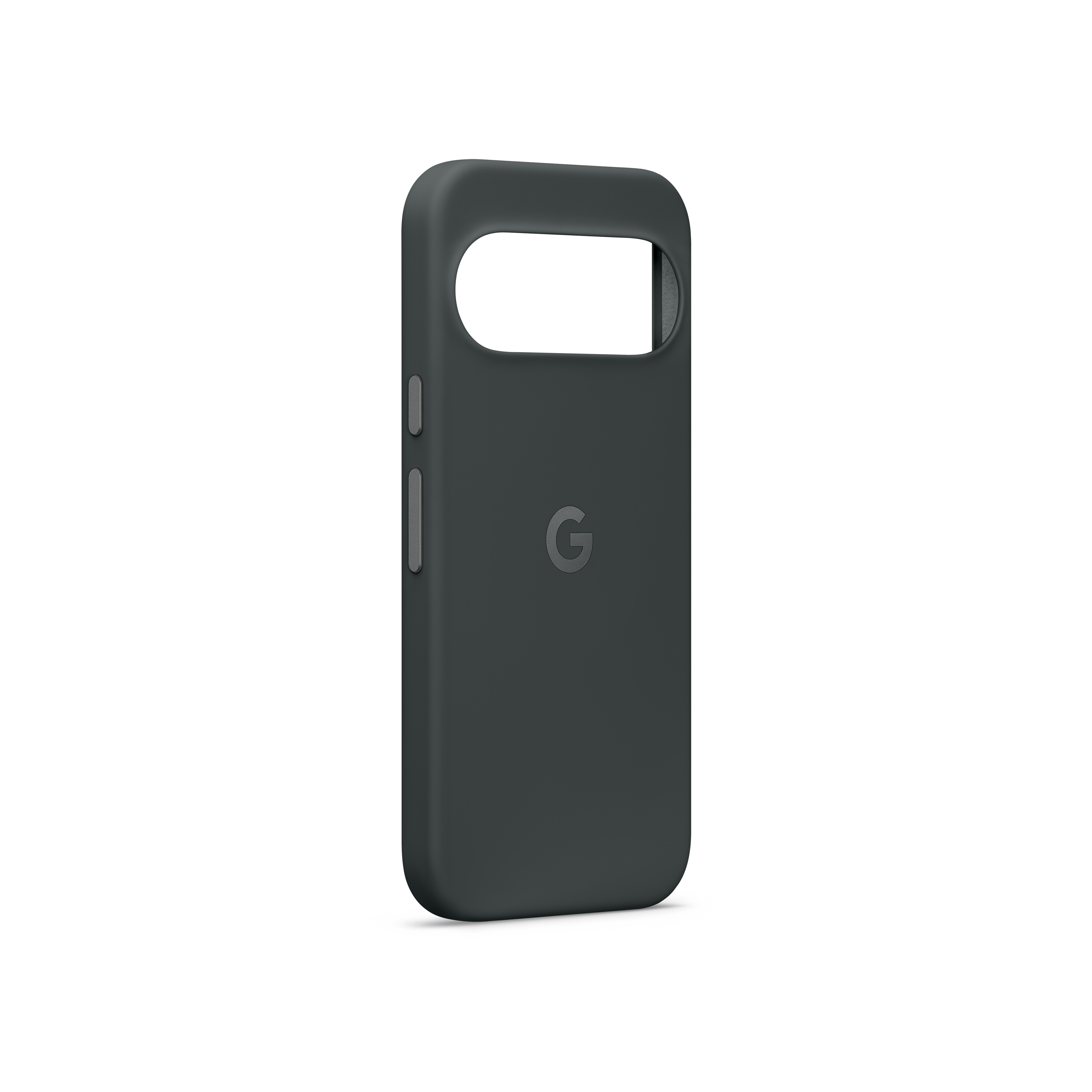 Dunkelgraue Handyhülle mit Google-Logo und Aussparung für die Kamera auf weißem Hintergrund.