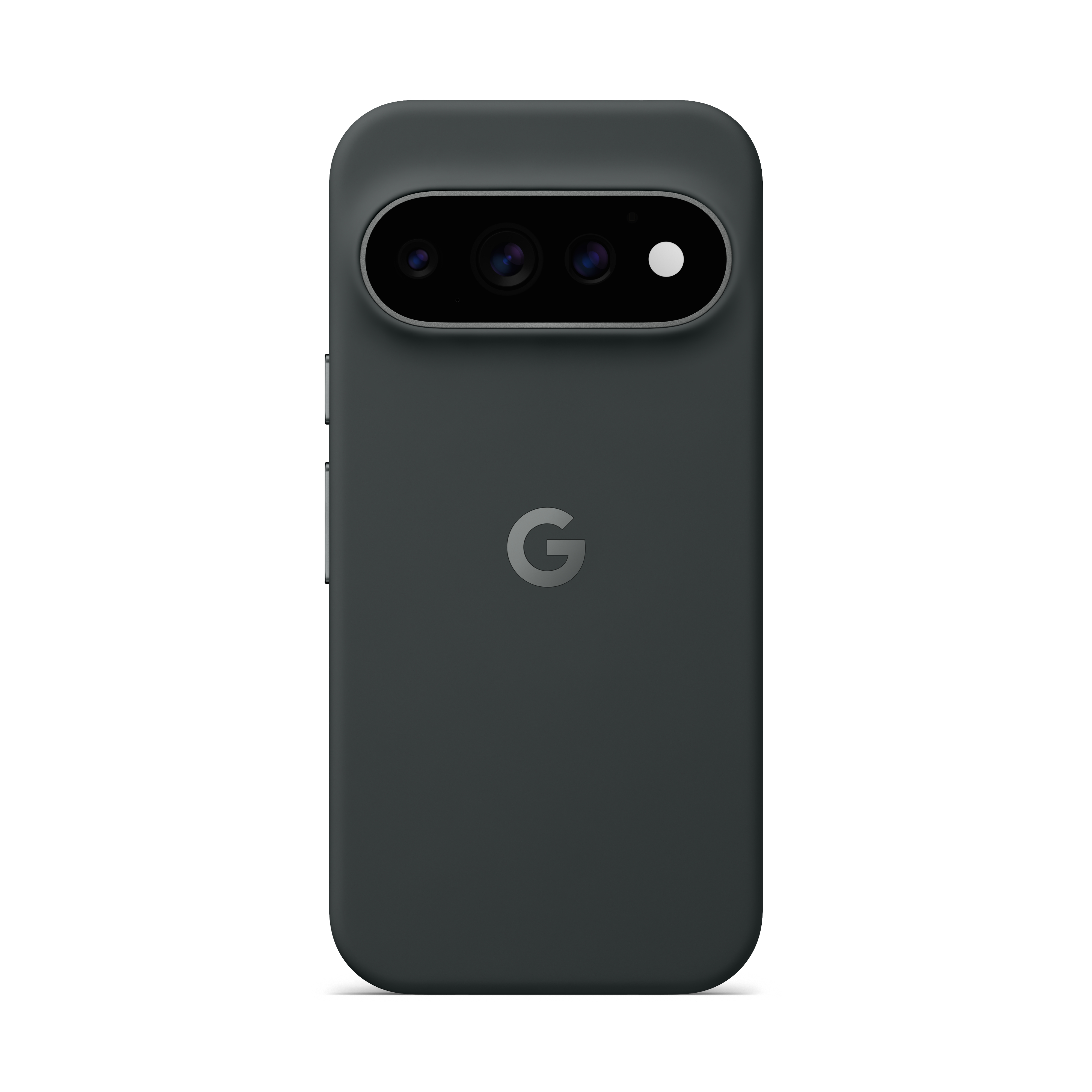 Rückansicht eines dunklen Smartphones mit Dreifachkamera und Google-Logo auf weißem Hintergrund.