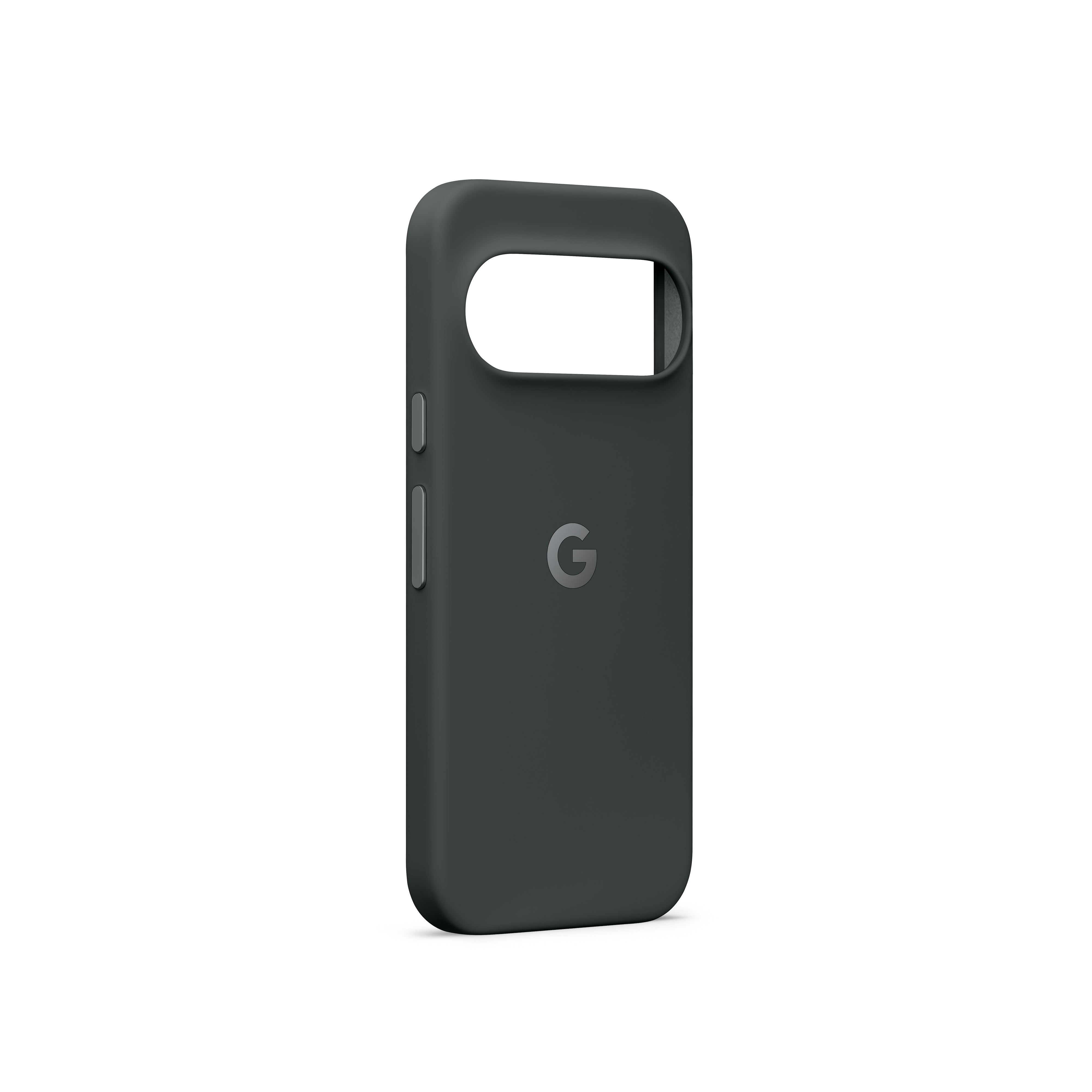 Dunkelgraue Smartphone-Hülle mit dem Google-Logo auf weißem Hintergrund.