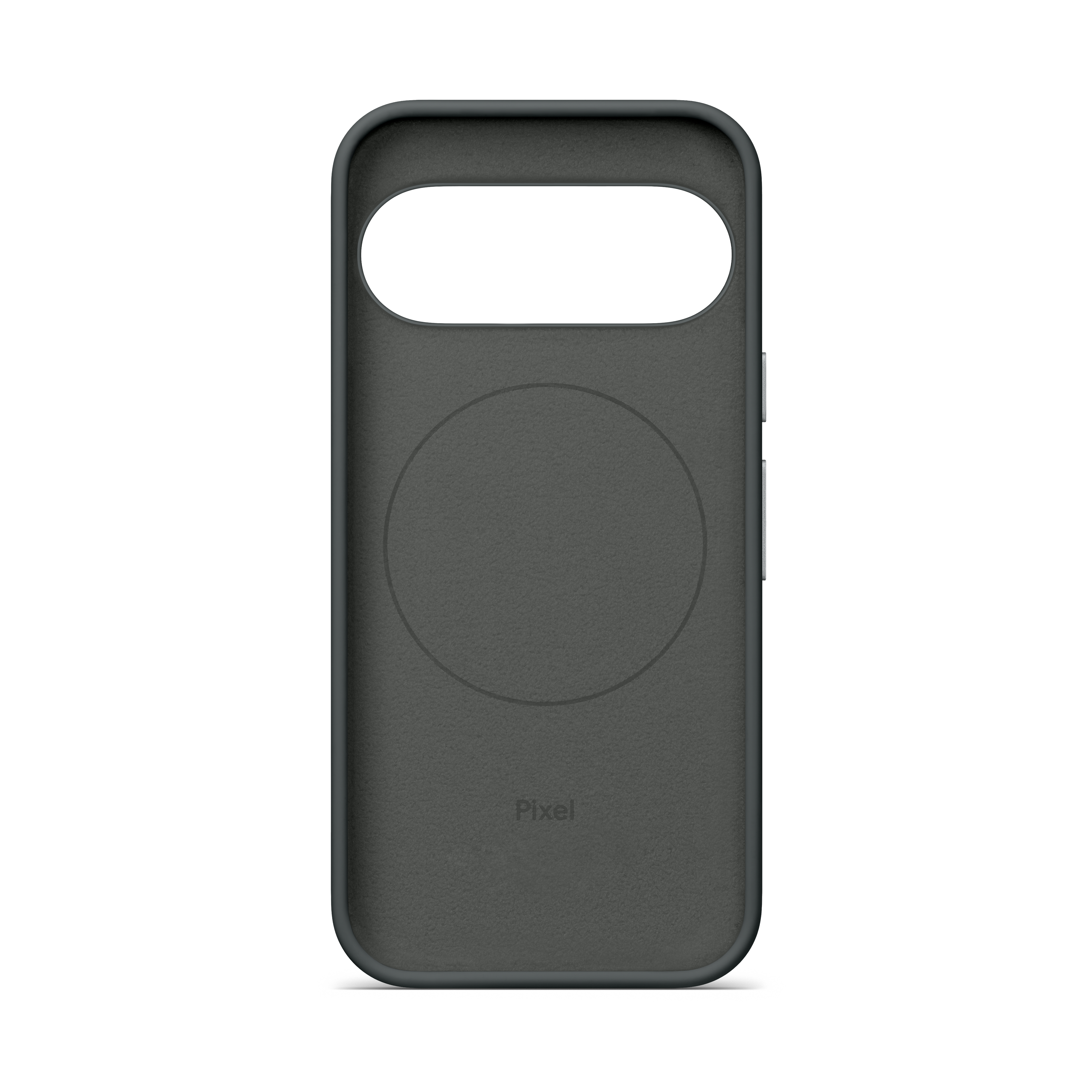 Innenansicht einer dunkelgrauen Smartphone-Hülle mit kreisförmigem Magnetring und Pixel-Logo auf weißem Hintergrund.