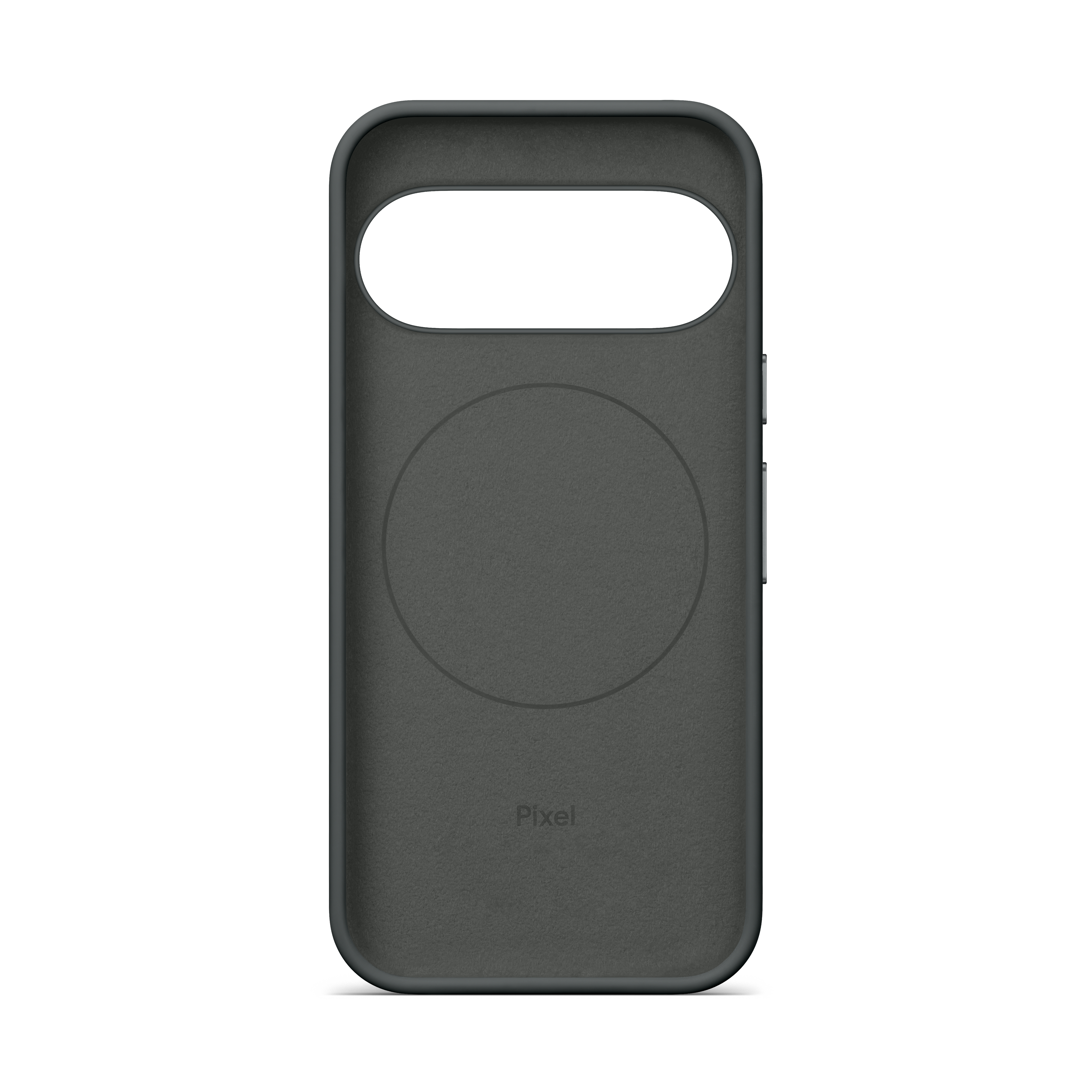 Eine graue Smartphone-Hülle mit einem runden Muster und dem Pixel-Logo innen auf weißem Hintergrund.