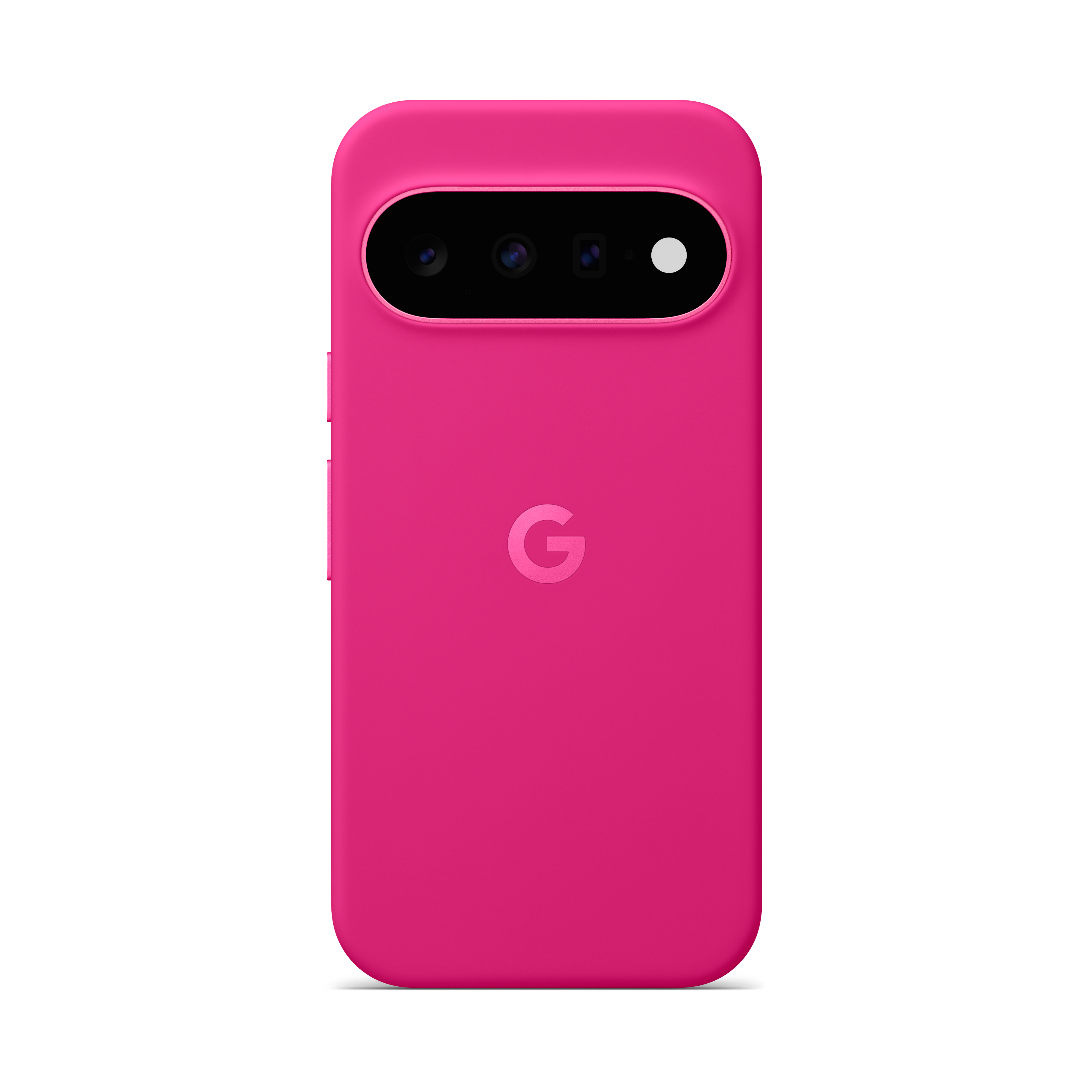 Rückseite eines pinken Smartphones mit drei Kameras im horizontalen Modul und dem Google-Logo in der Mitte.