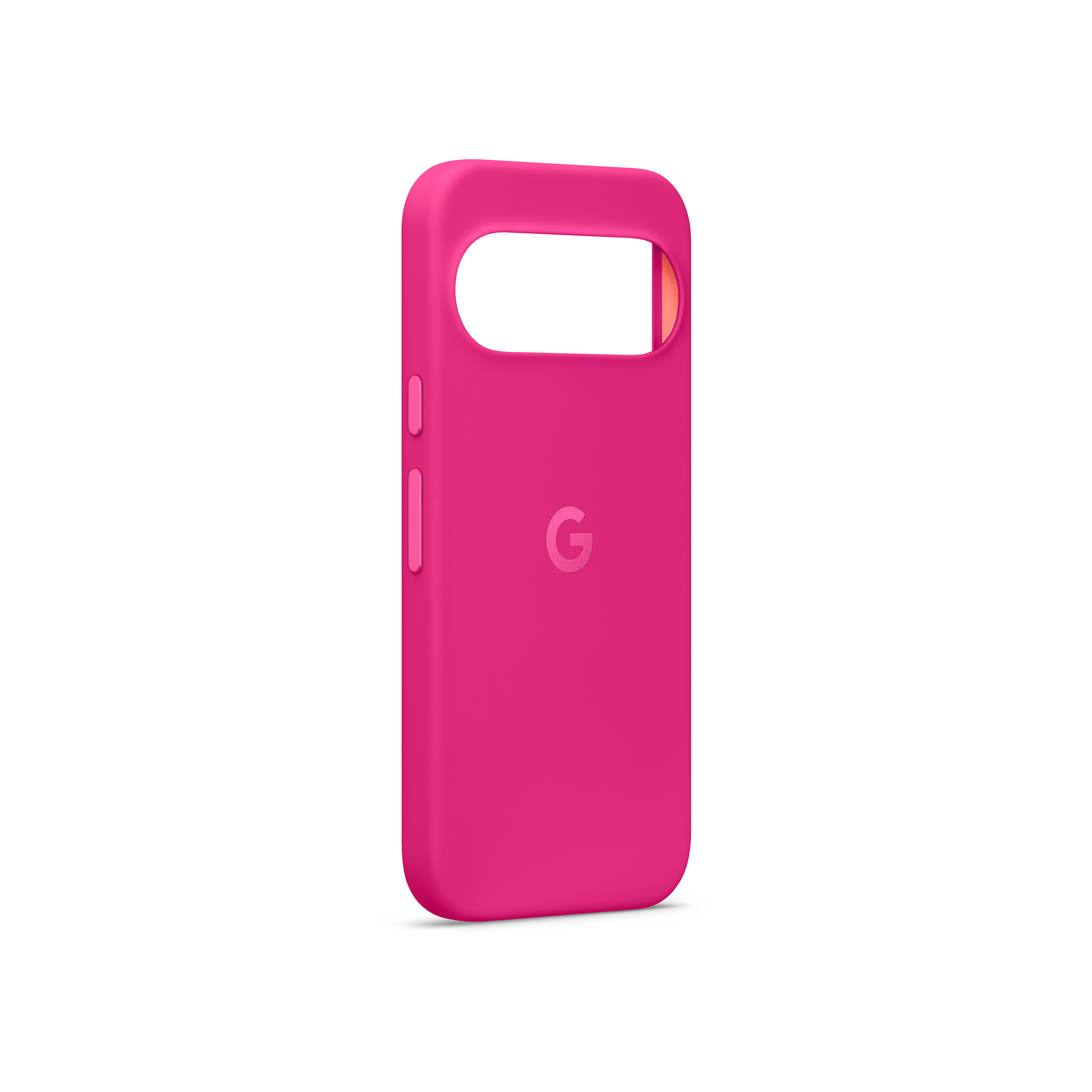 Eine leuchtend rosa Smartphone-Hülle mit dem Google-Logo auf weißem Hintergrund.