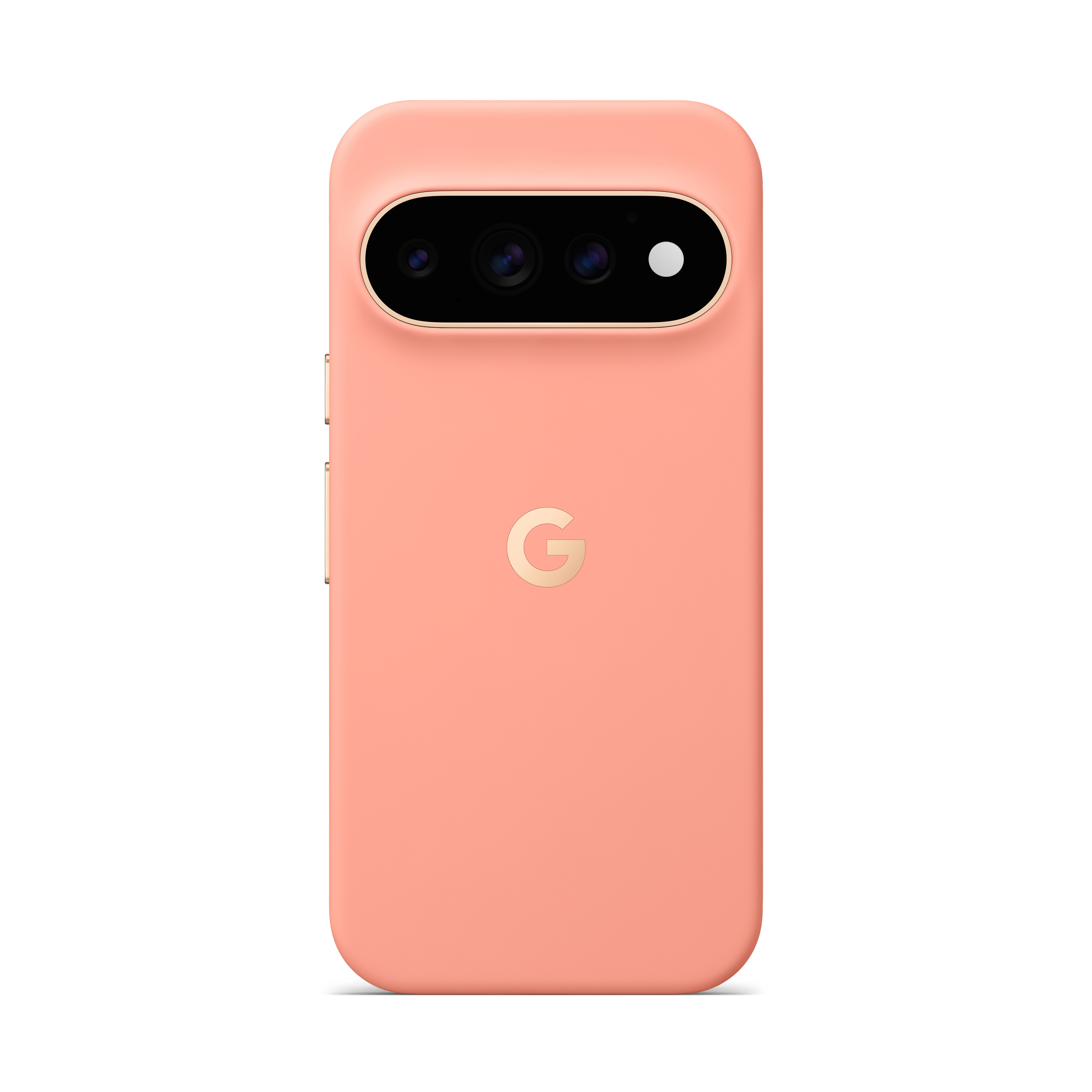 Rückseite eines rosafarbenen Smartphones mit horizontaler Kamera und Google-Logo auf weißem Hintergrund.