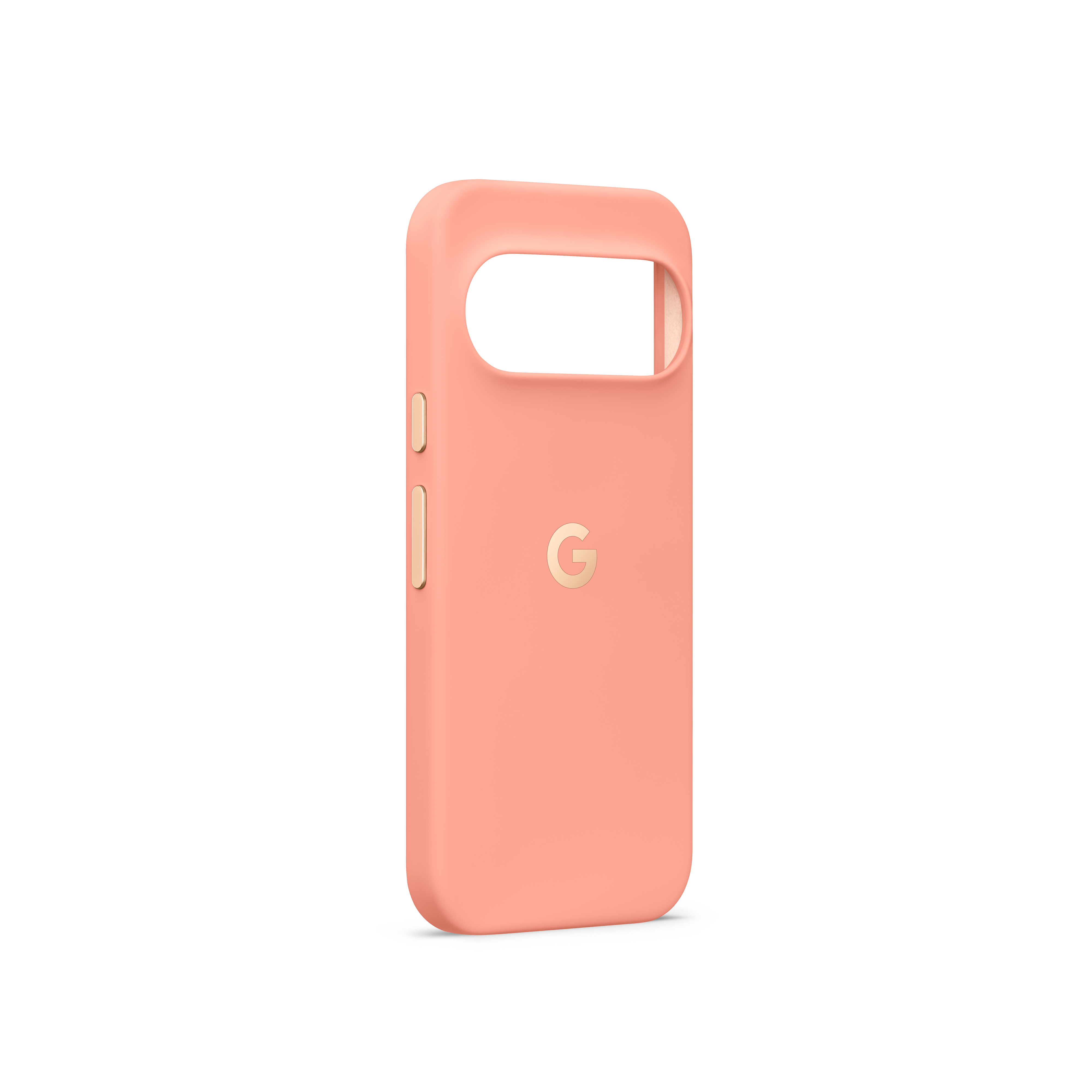 Eine rosa Smartphone-Hülle mit dem Google-Logo auf der Rückseite steht auf weißem Hintergrund.