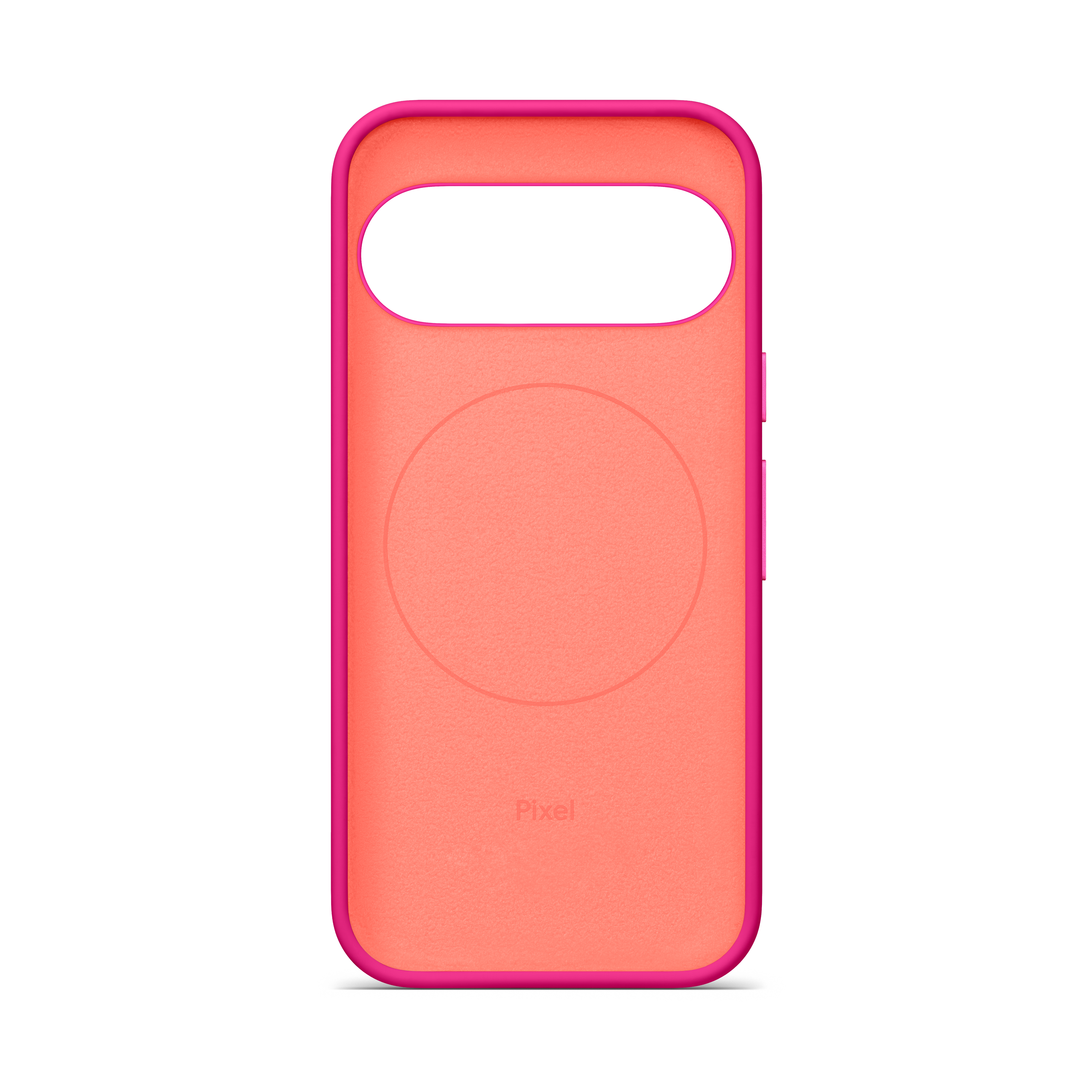 Rosa Smartphone-Hülle mit rotem Innenfutter, Kameraband-Aussparung, Kreismuster und Pixel-Logo.