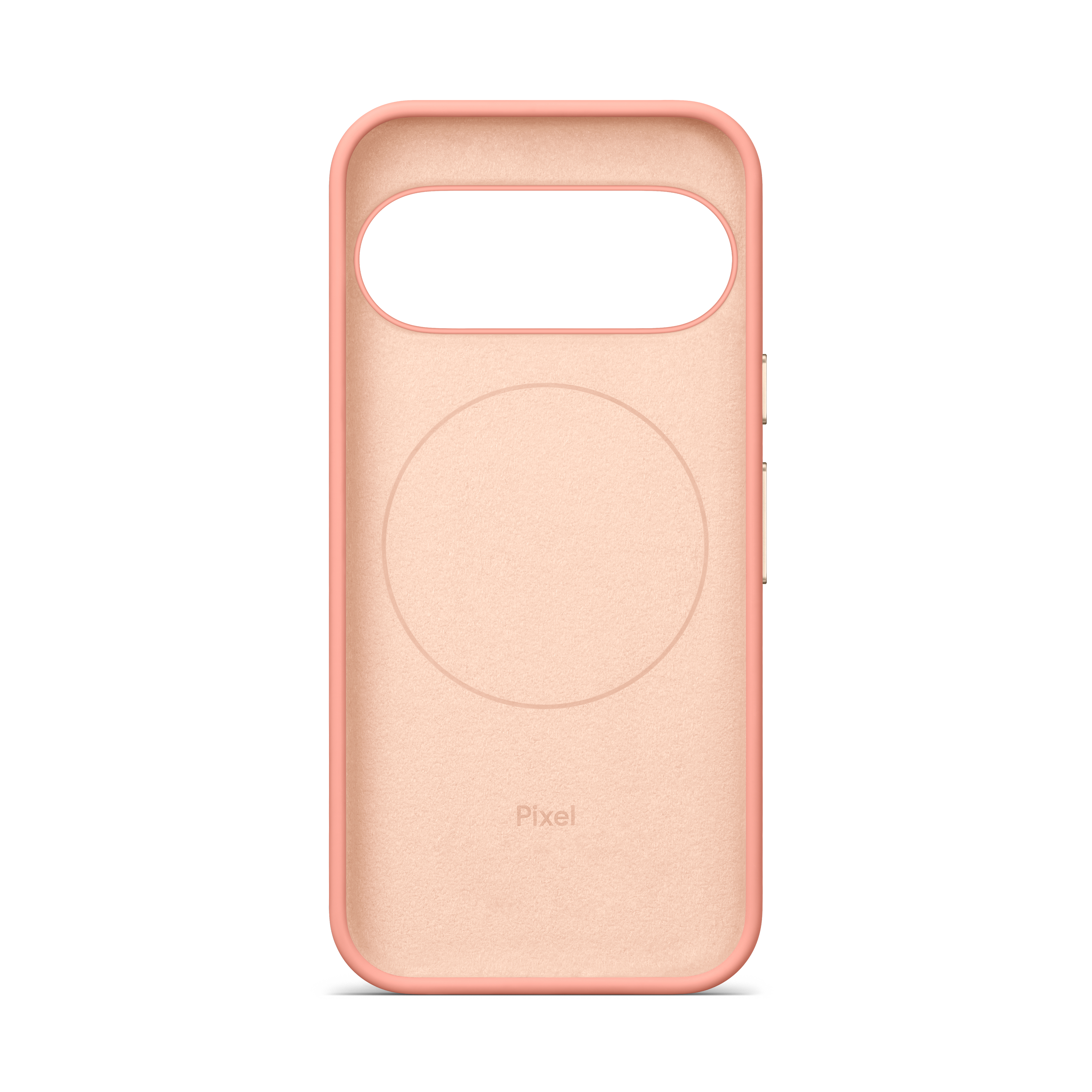 Rosa Handyhülle mit samtiger Innenseite, kreisförmigem Magnetmuster und Pixel-Logo auf weißem Hintergrund.