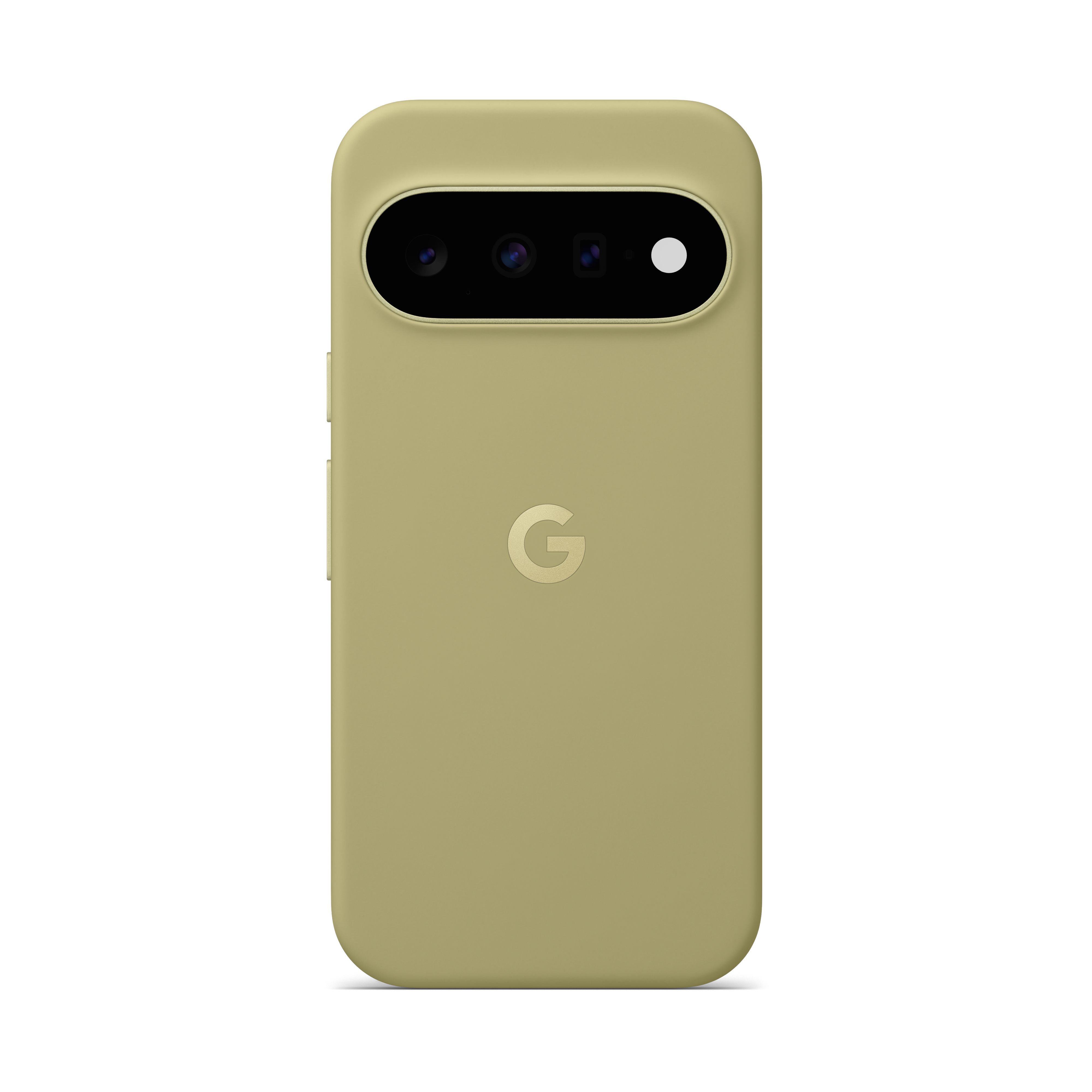 Rückseite eines oliven grünen Smartphones mit dreifacher Kameralinse und Google-Logo auf weißem Hintergrund.