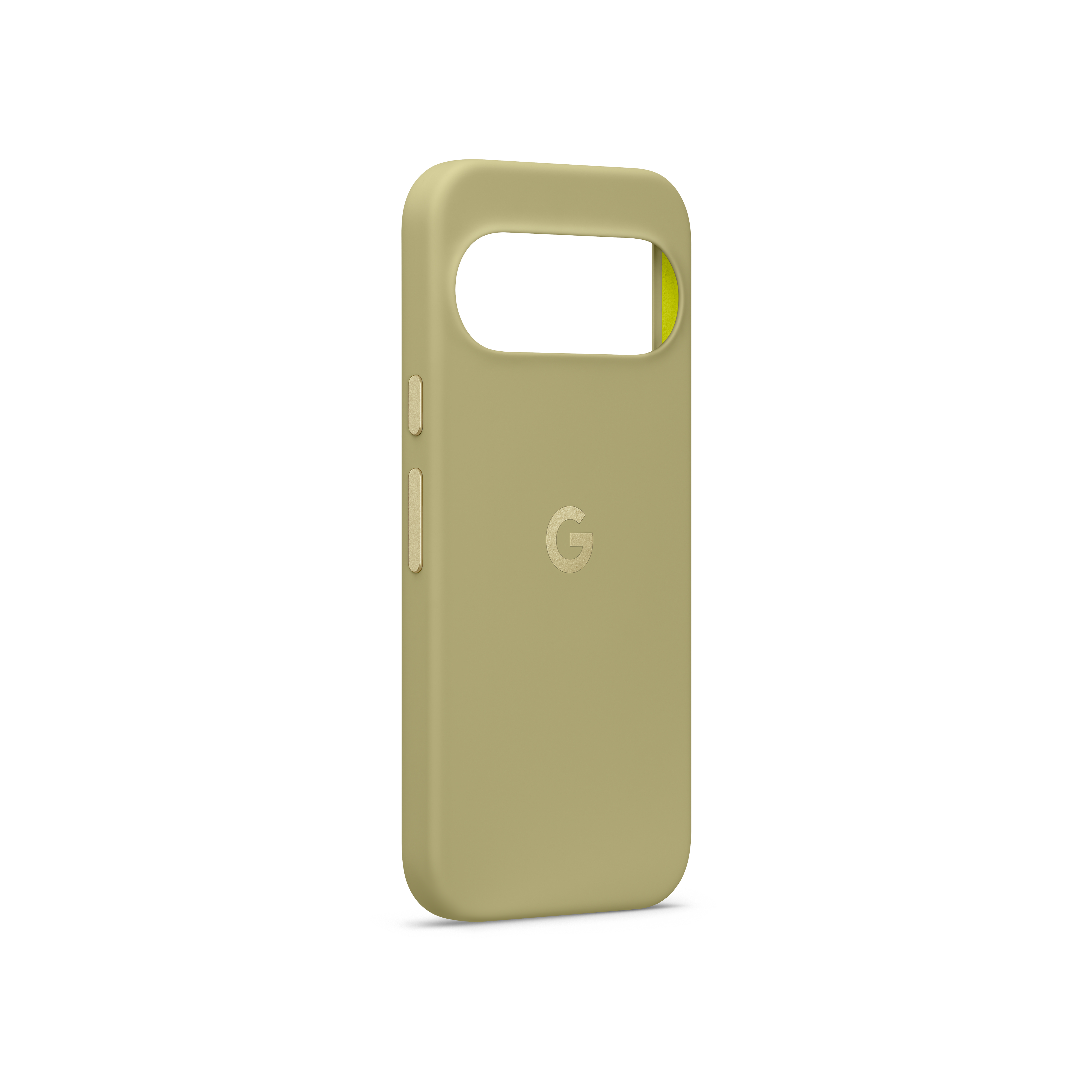 Olivgrüne Smartphone-Hülle mit Google-Logo auf der Rückseite und Kamera-Aussparung auf weißem Hintergrund.