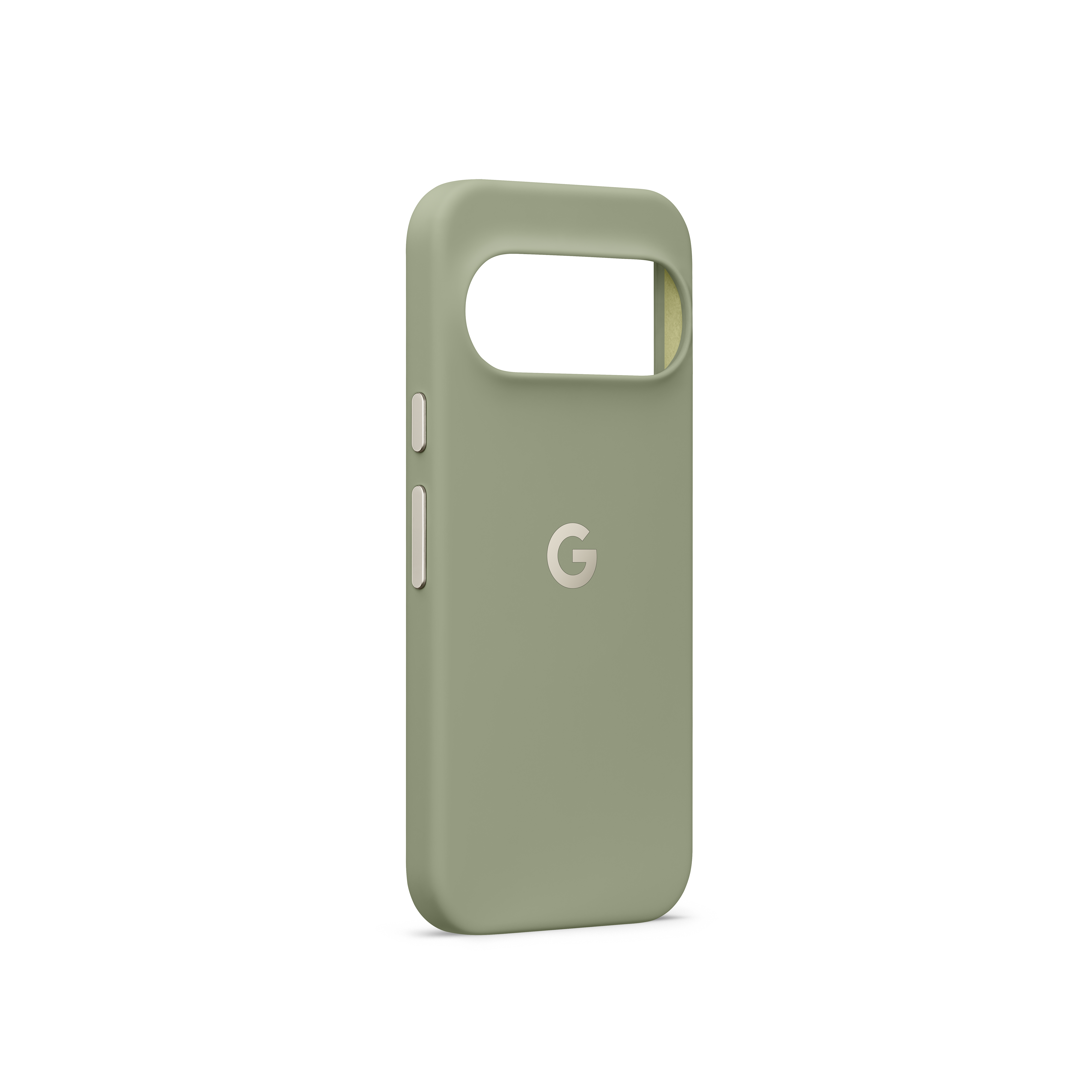 Ein mattgrünes Smartphone-Gehäuse mit silbernen Tasten und dem Google-Logo auf der Rückseite.