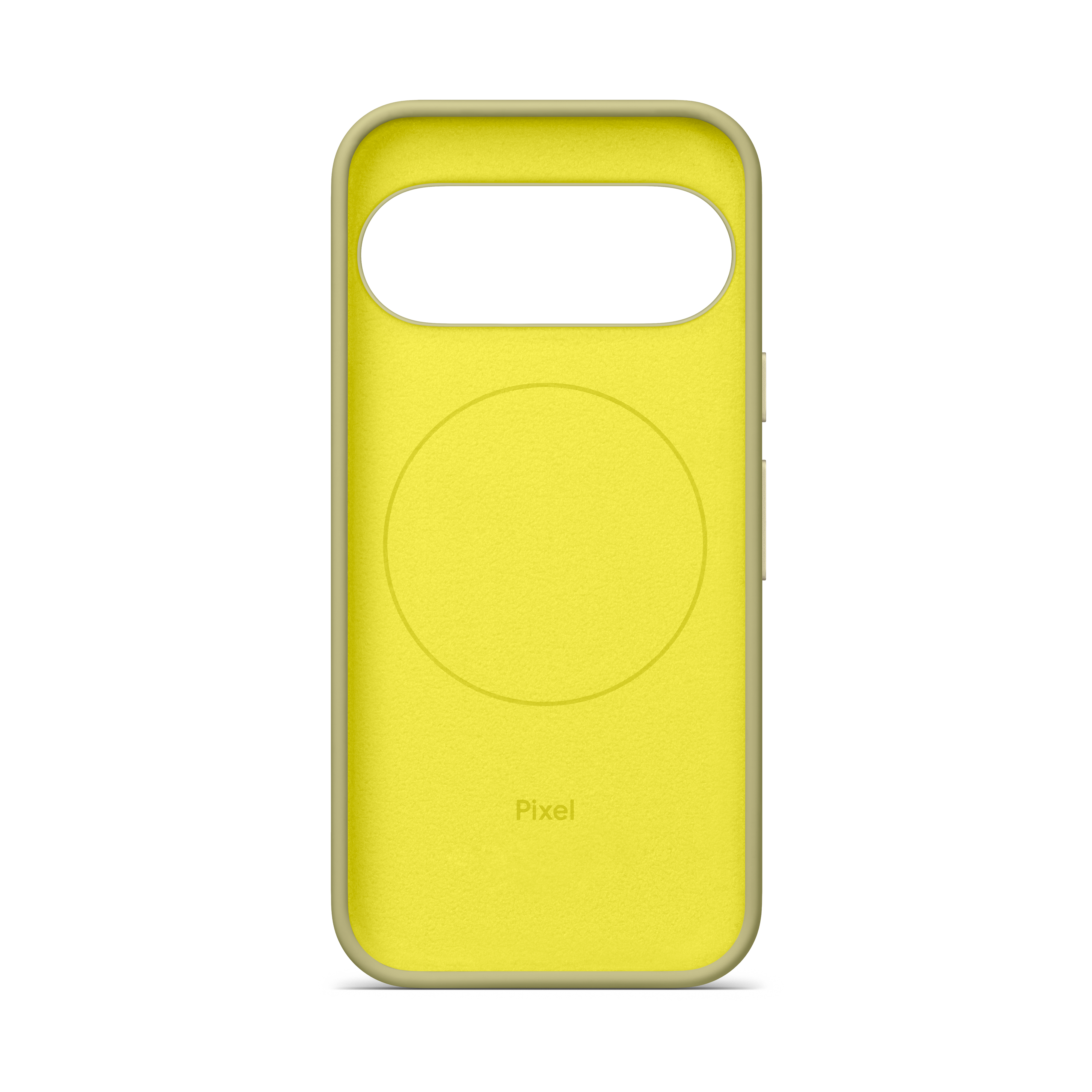 Gelbe Smartphone-Hülle mit kreisförmigem Muster auf weißem Hintergrund.