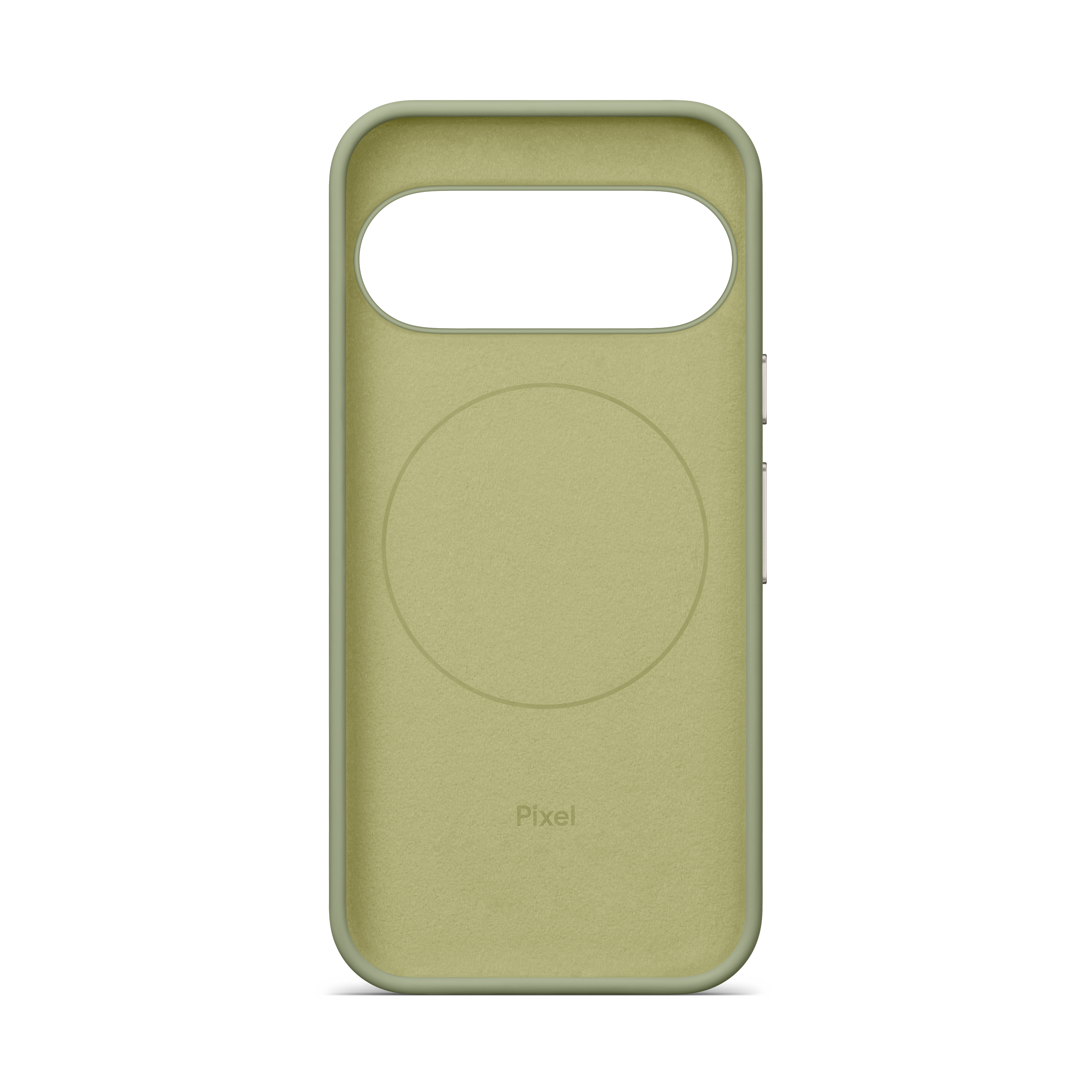 Eine olivgrüne Smartphone-Schutzhülle von innen mit kreisförmiger Markierung.