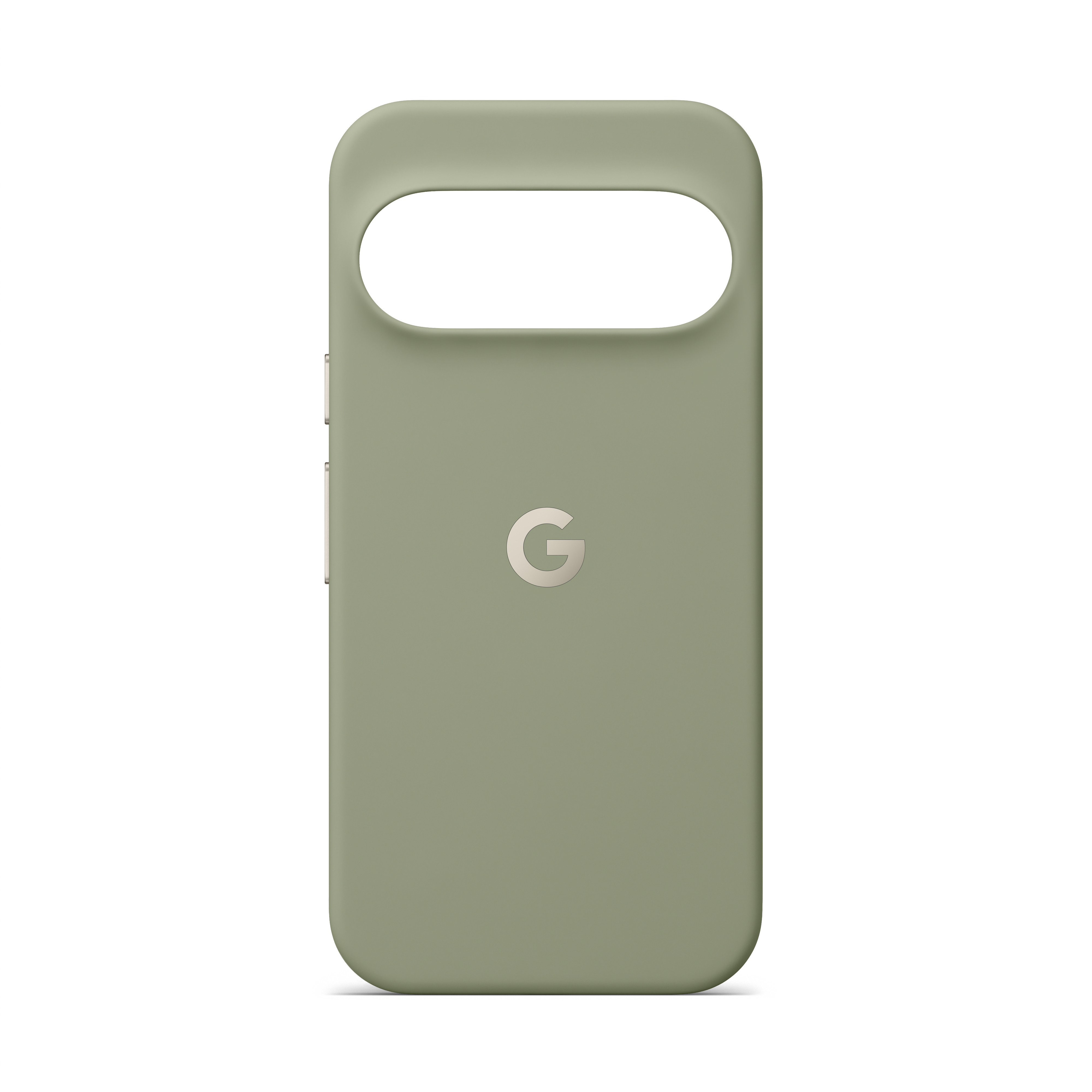 Eine olivgrüne Smartphone-Hülle mit dem Google-Logo in der Mitte und einer Kameraaussparung oben.