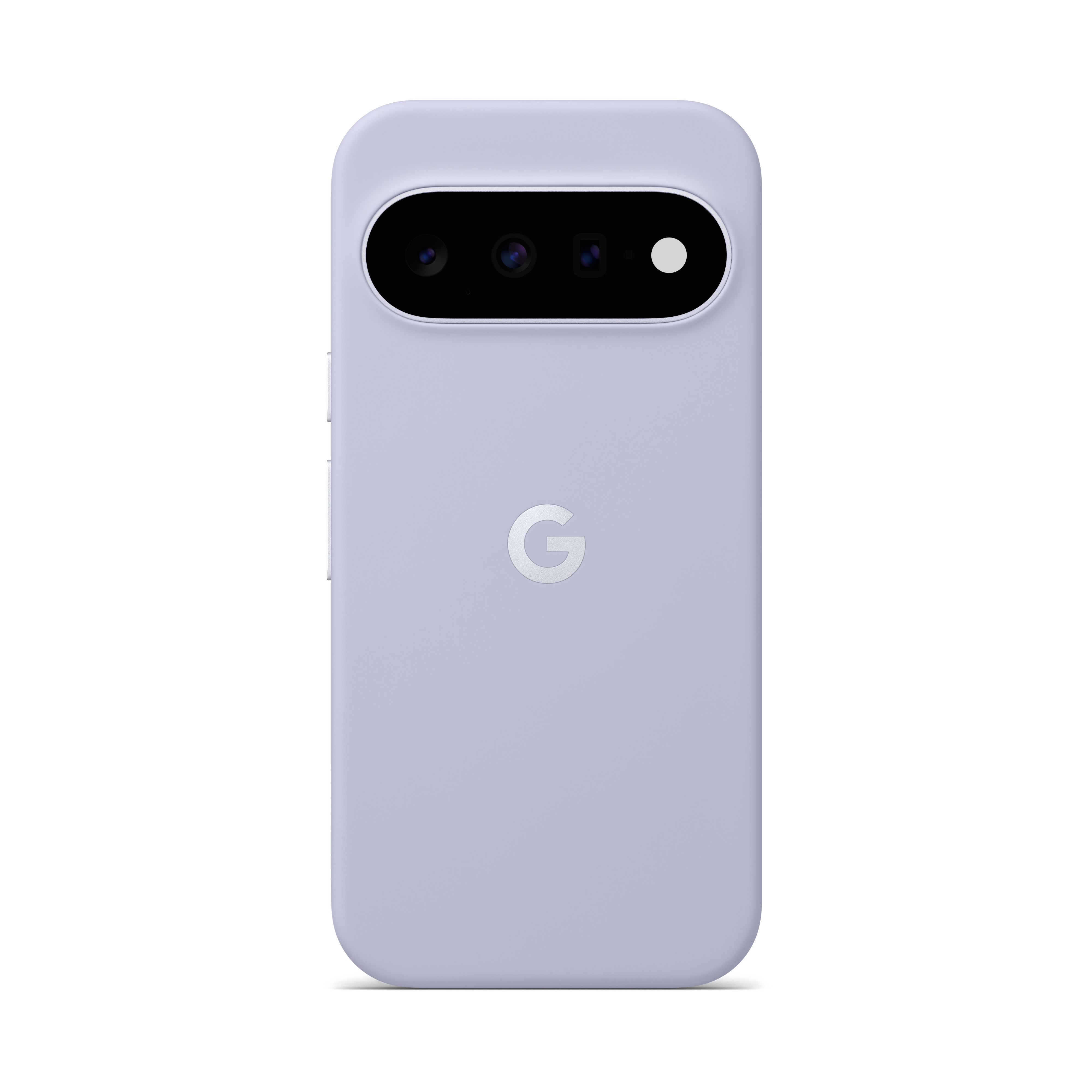 Rückseite eines hellvioletten Smartphones mit horizontalem Kamera-Modul und silbernem Google-Logo.