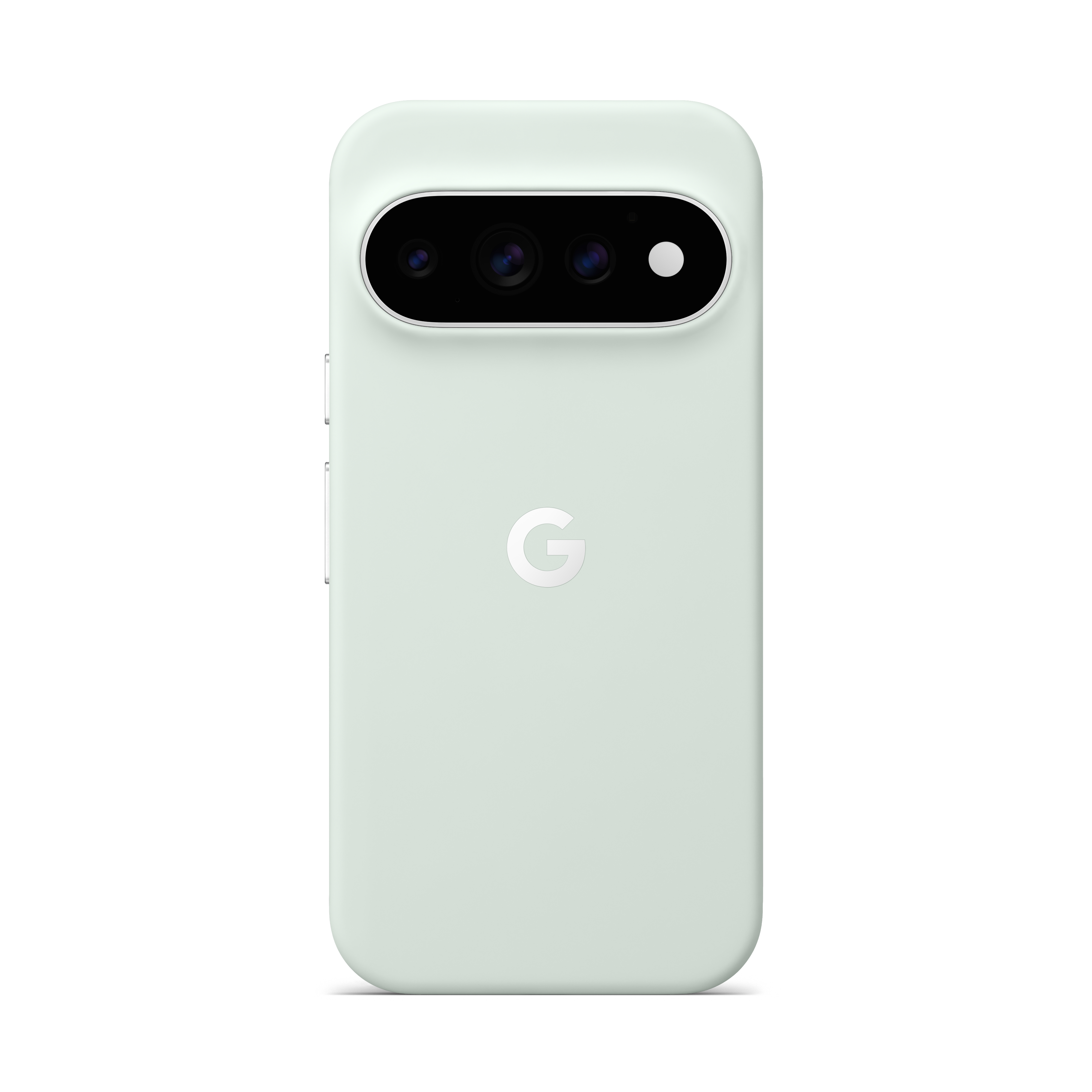 Die Rückseite eines mintgrünen Smartphones mit einer horizontalen Dreifachkamera und dem Google-Logo.