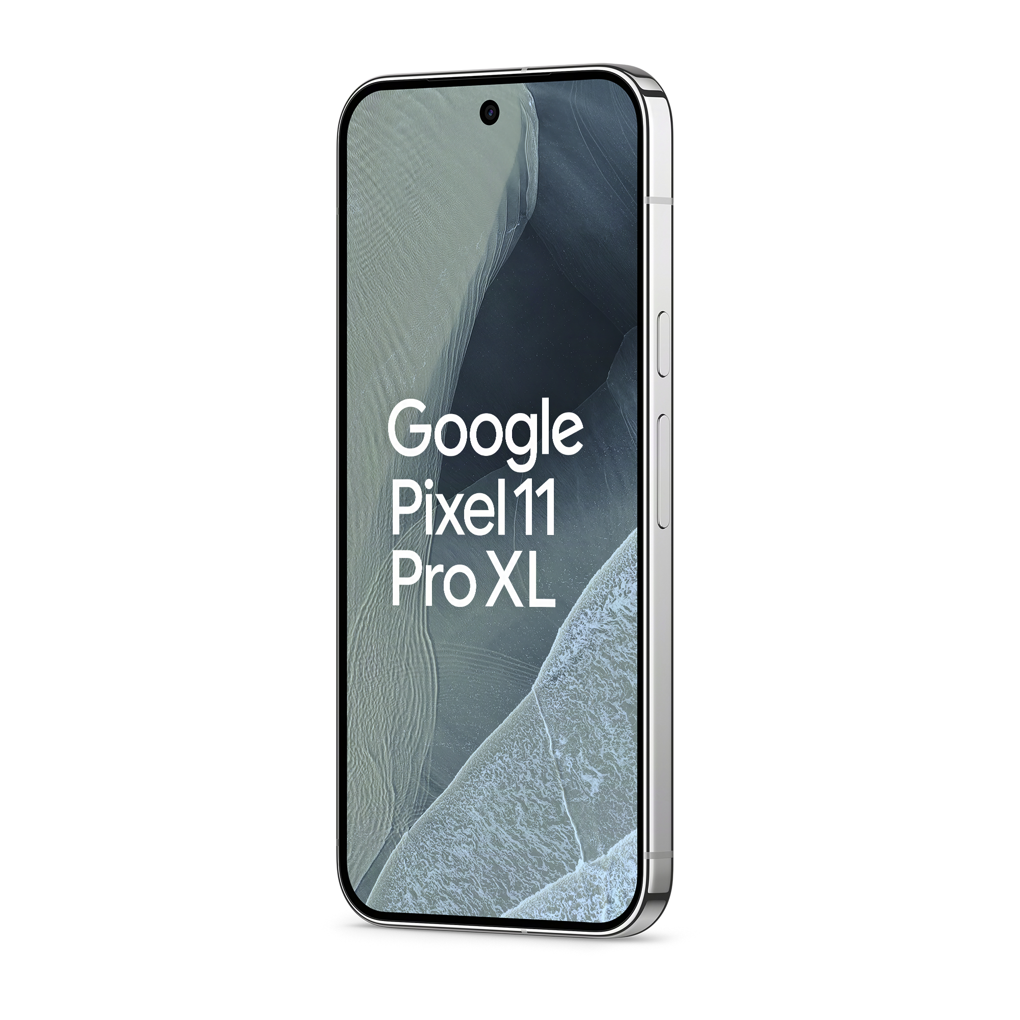Ein silbernes Google Pixel 11 Pro XL Smartphone mit Logo auf dem Bildschirm vor weißem Hintergrund.
