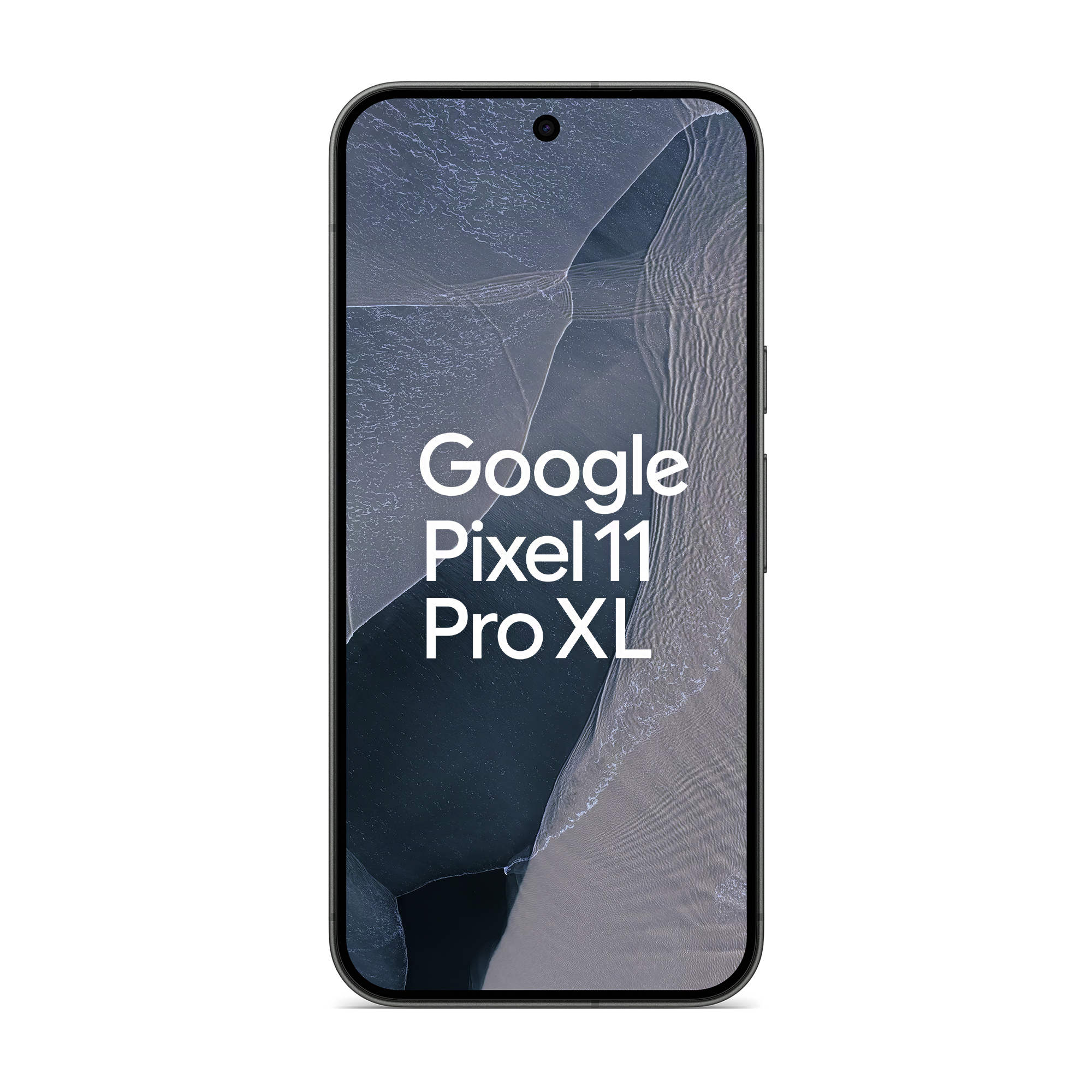 Ein schwarzes Smartphone mit dem Text Google Pixel 11 Pro XL auf einem gewellten grauen Hintergrund.