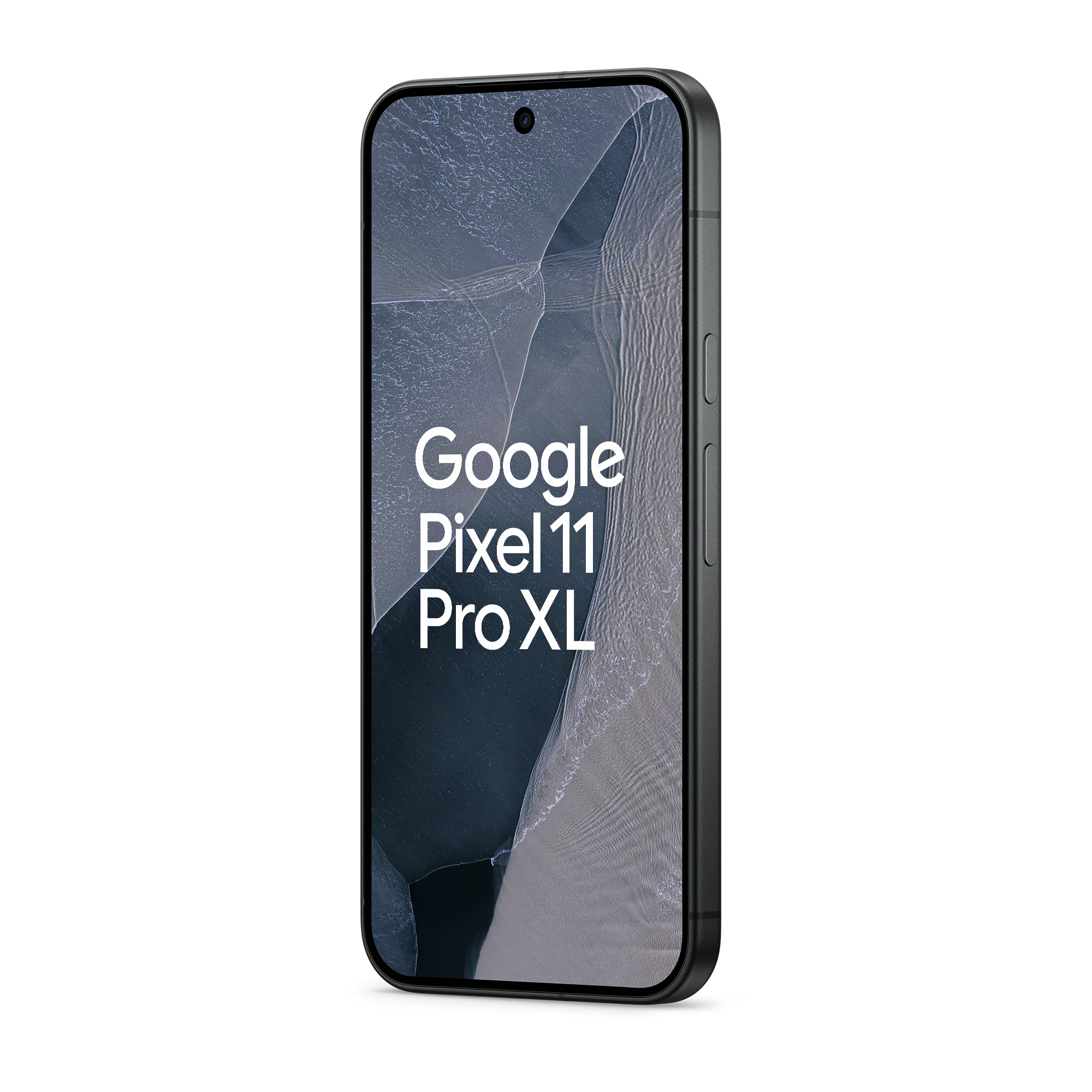 Schwarzes Google Pixel 11 Pro XL Smartphone auf weißem Hintergrund mit abstractem Bildschirm.