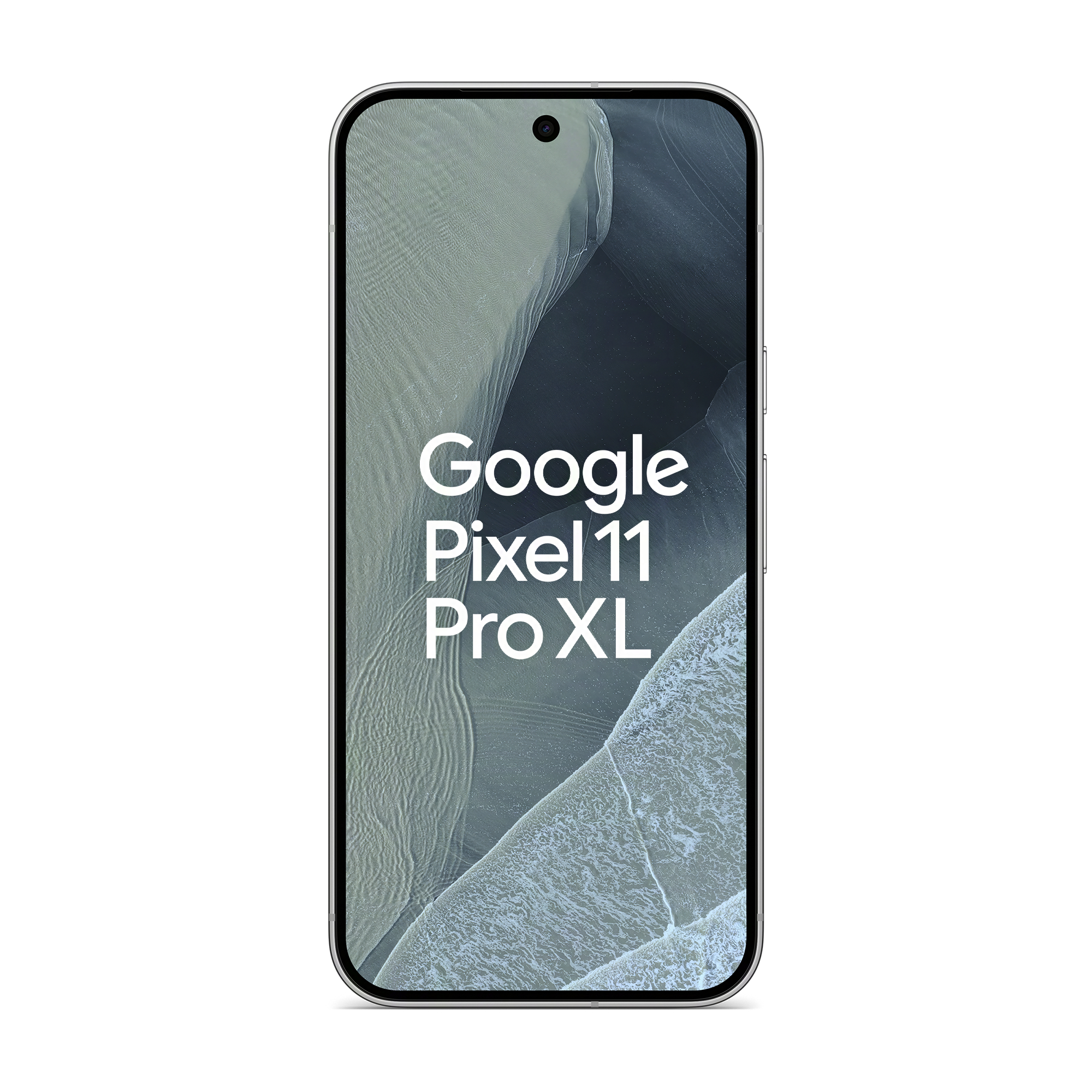 Frontansicht des Google Pixel 11 Pro XL Smartphones mit weißem Text auf dem Bildschirm und abstraktem Hintergrund.