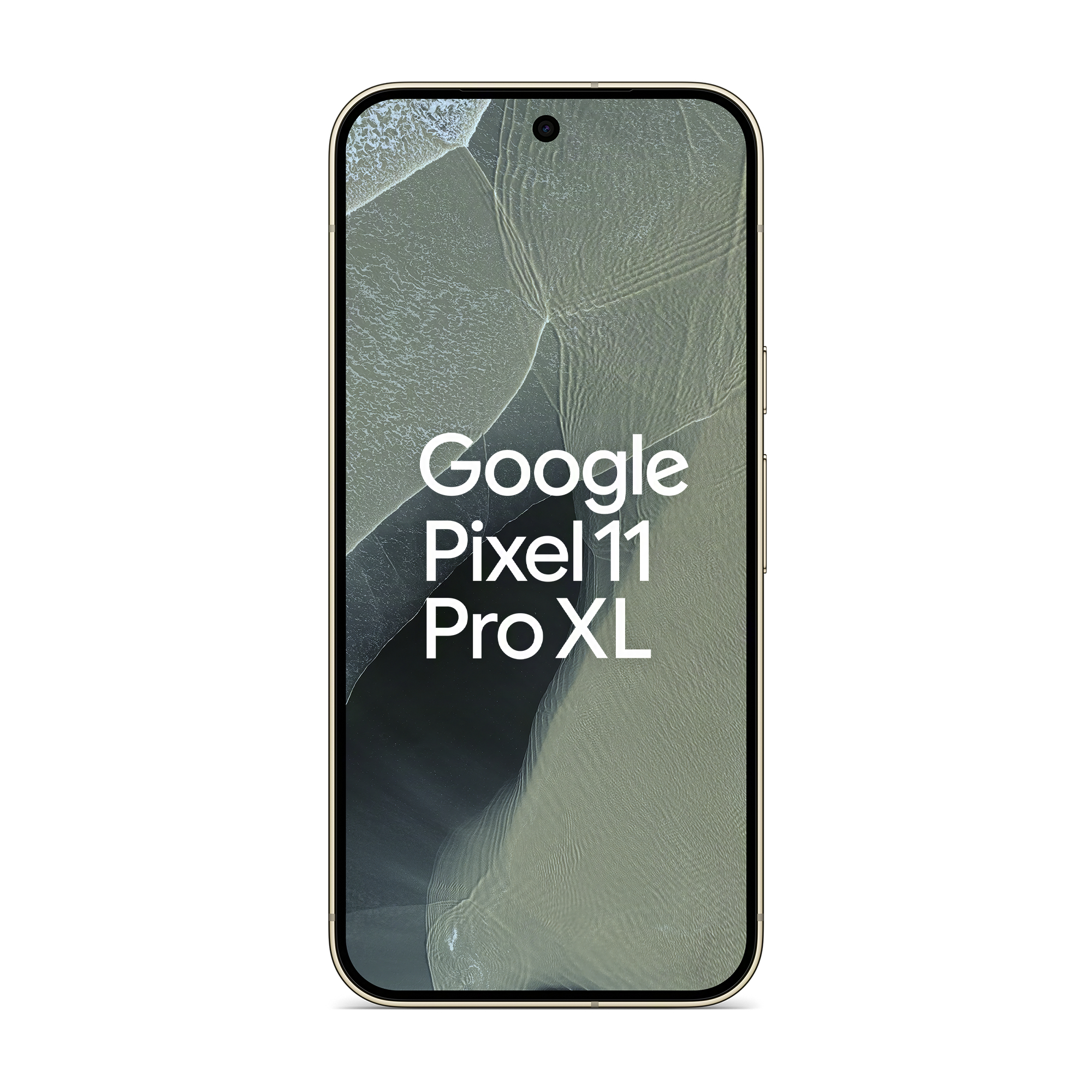 Ein goldenes Google Pixel 11 Pro XL Smartphone mit grünem Wellen-Hintergrund auf weißem Grund.