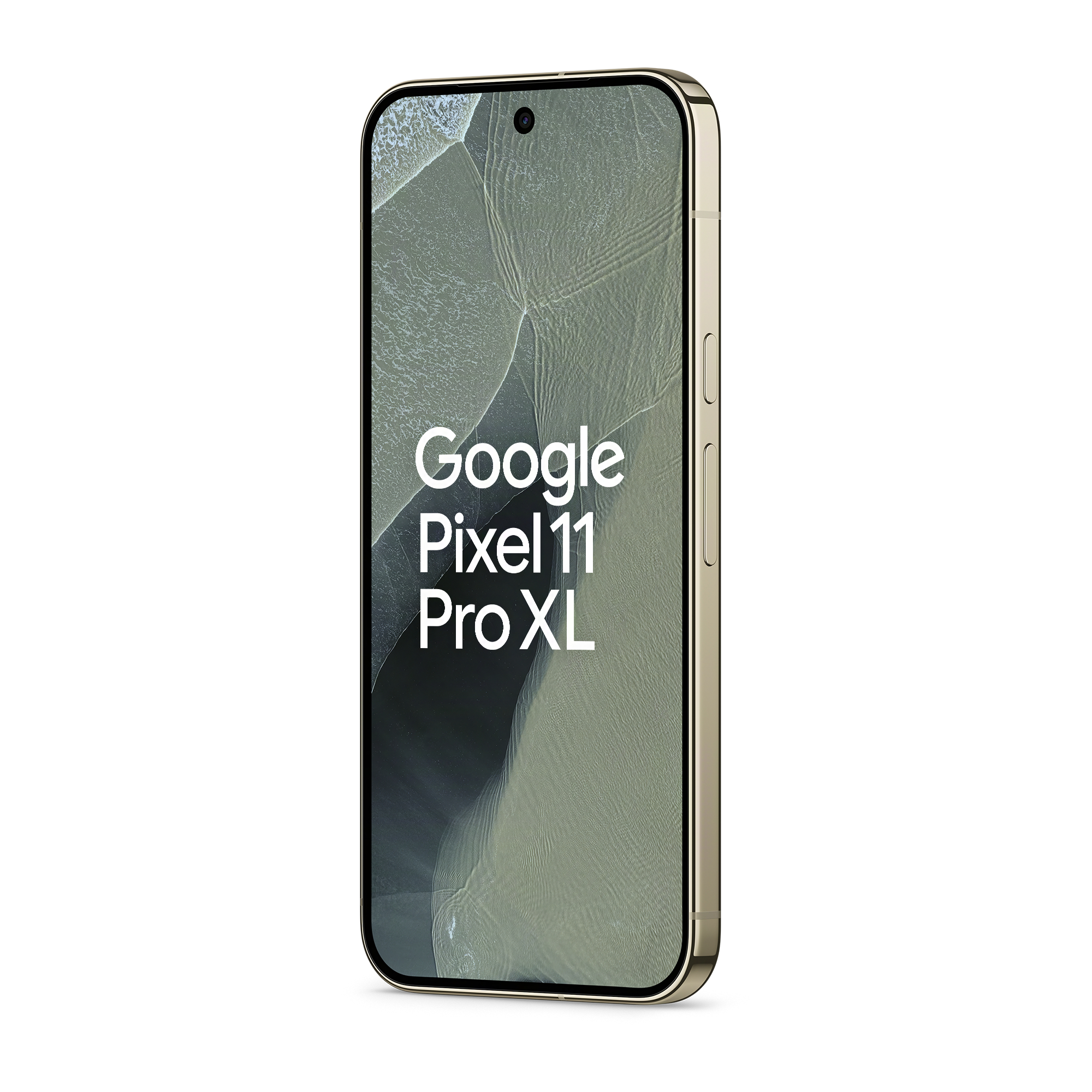 Ein goldenes Google Pixel 11 Pro XL Smartphone steht schräg vor einem hellen Hintergrund mit Text auf dem Display.