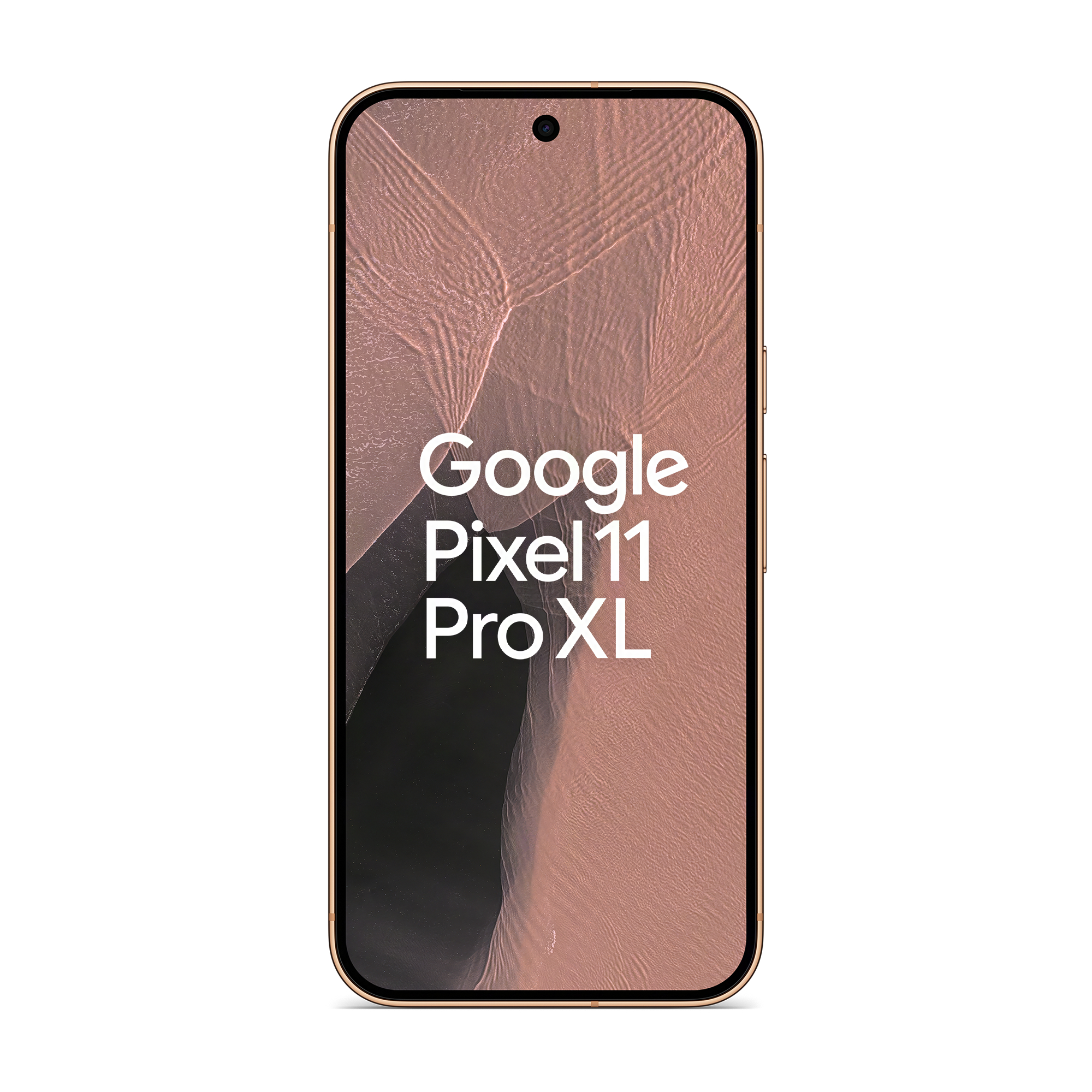 Ein Smartphone mit rosafarbenem Hintergrund und dem Text 'Google Pixel 11 Pro XL' auf dem Bildschirm.