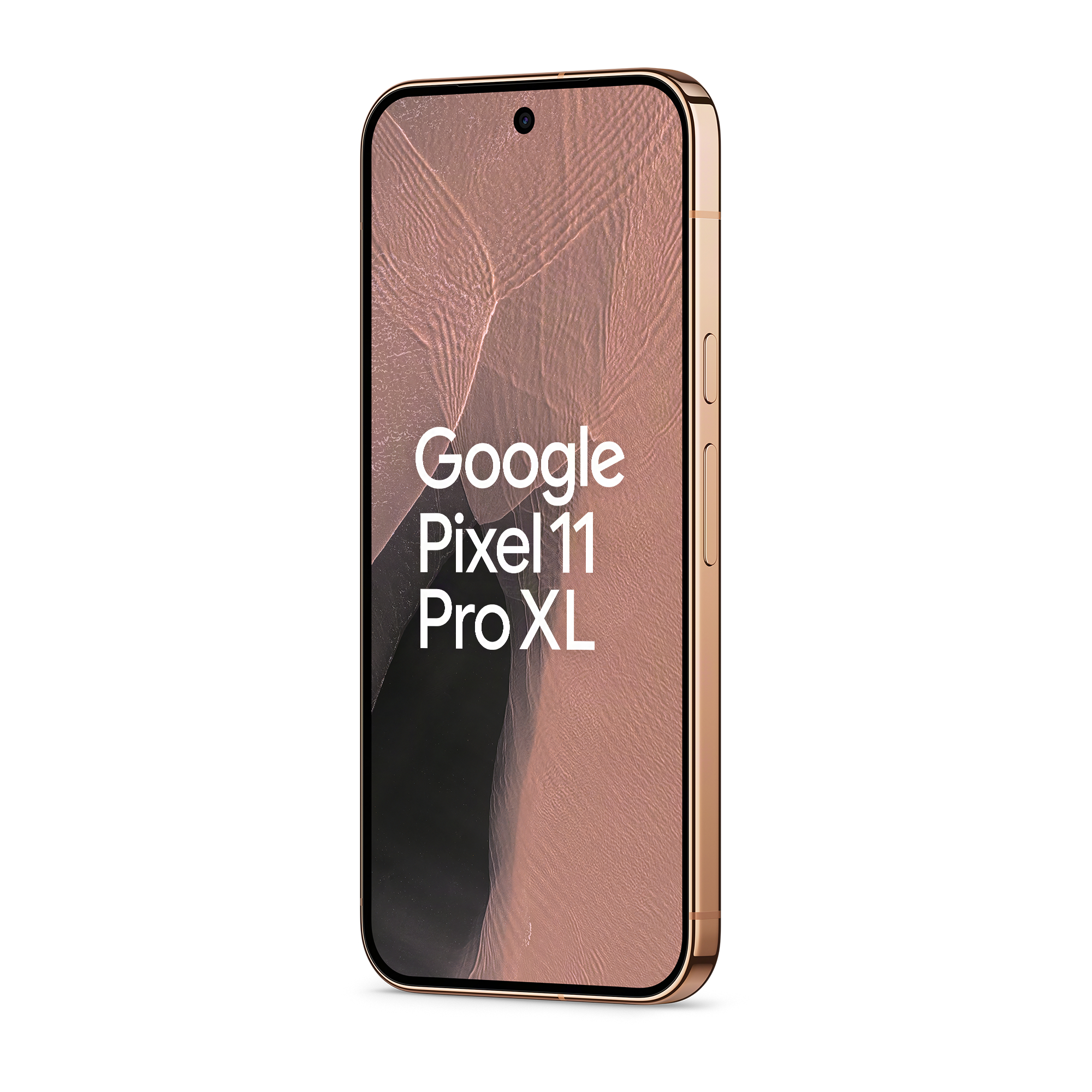 Goldfarbenes Google Pixel 11 Pro XL Smartphone, leicht geneigt, mit pinker Marmor-Hintergrundbild.