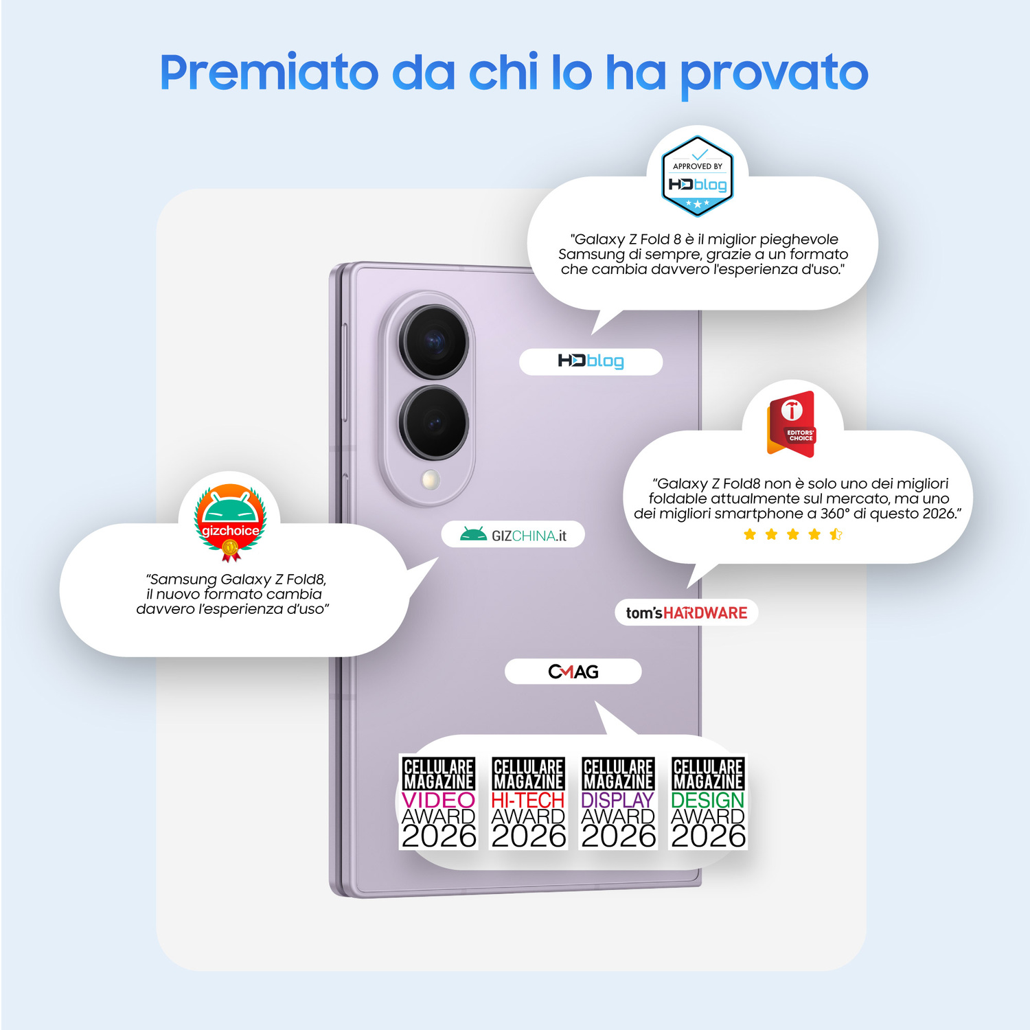 Uno smartphone viola chiaro circondato da citazioni di recensioni, badge e premi di riviste.
