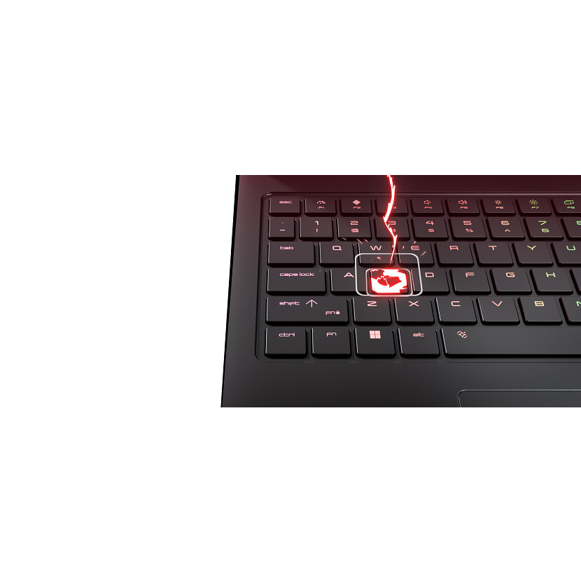 Eine schwarze Laptop-Tastatur mit roter Hintergrundbeleuchtung und einer leuchtend roten Sondertaste.