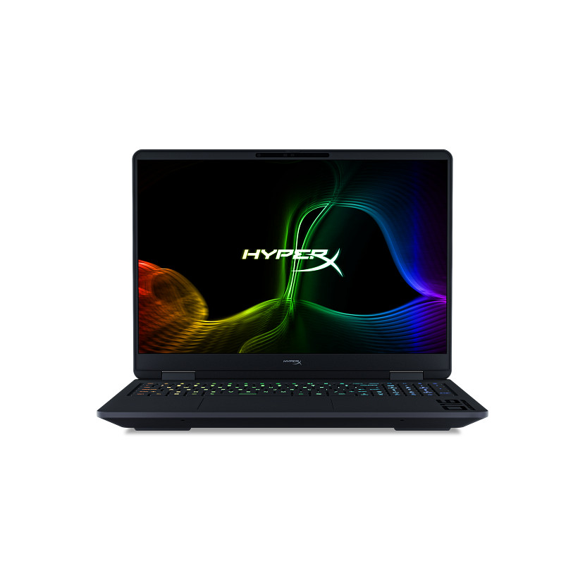 Schwarzer Laptop mit bunter Grafik auf dem Bildschirm und beleuchteter Tastatur.
