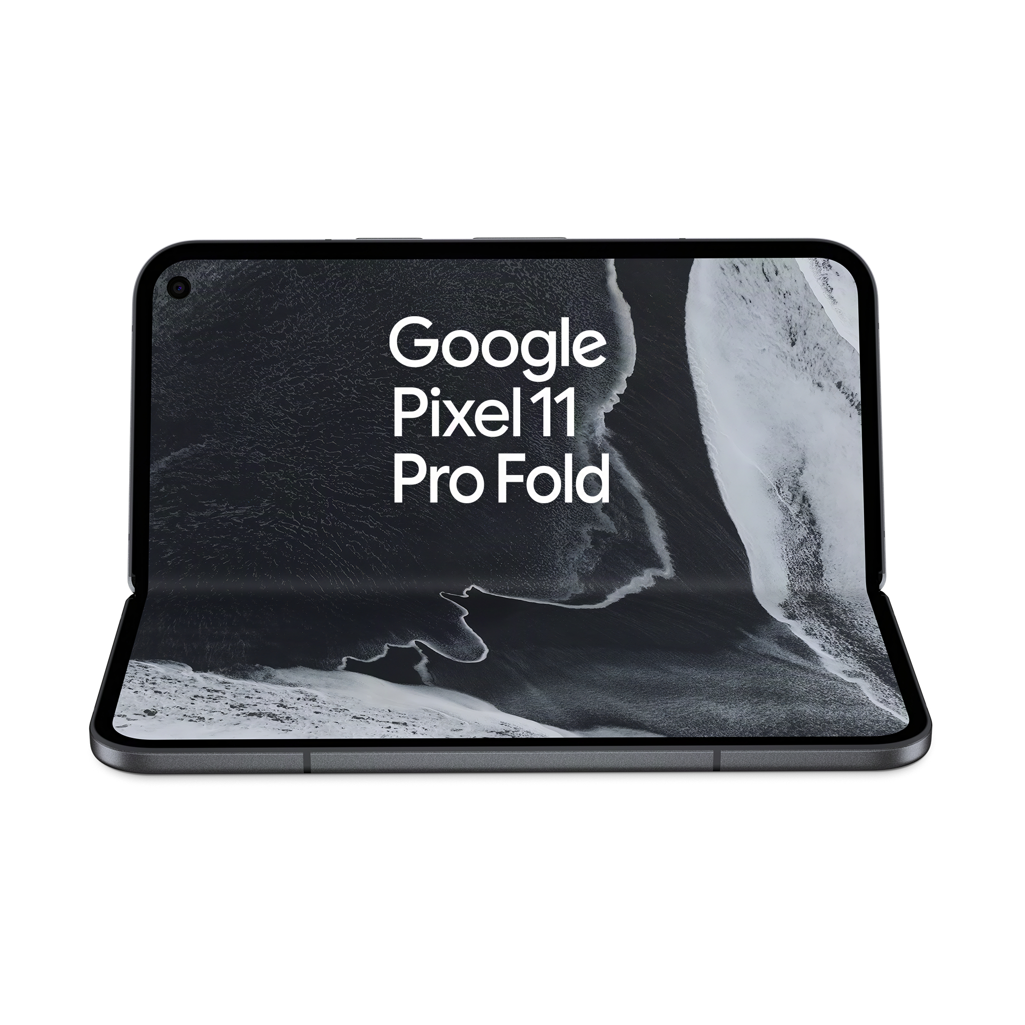 Ein offenes Google Pixel 11 Pro Fold Smartphone mit schwarz-weißem Wellenmuster-Hintergrund.