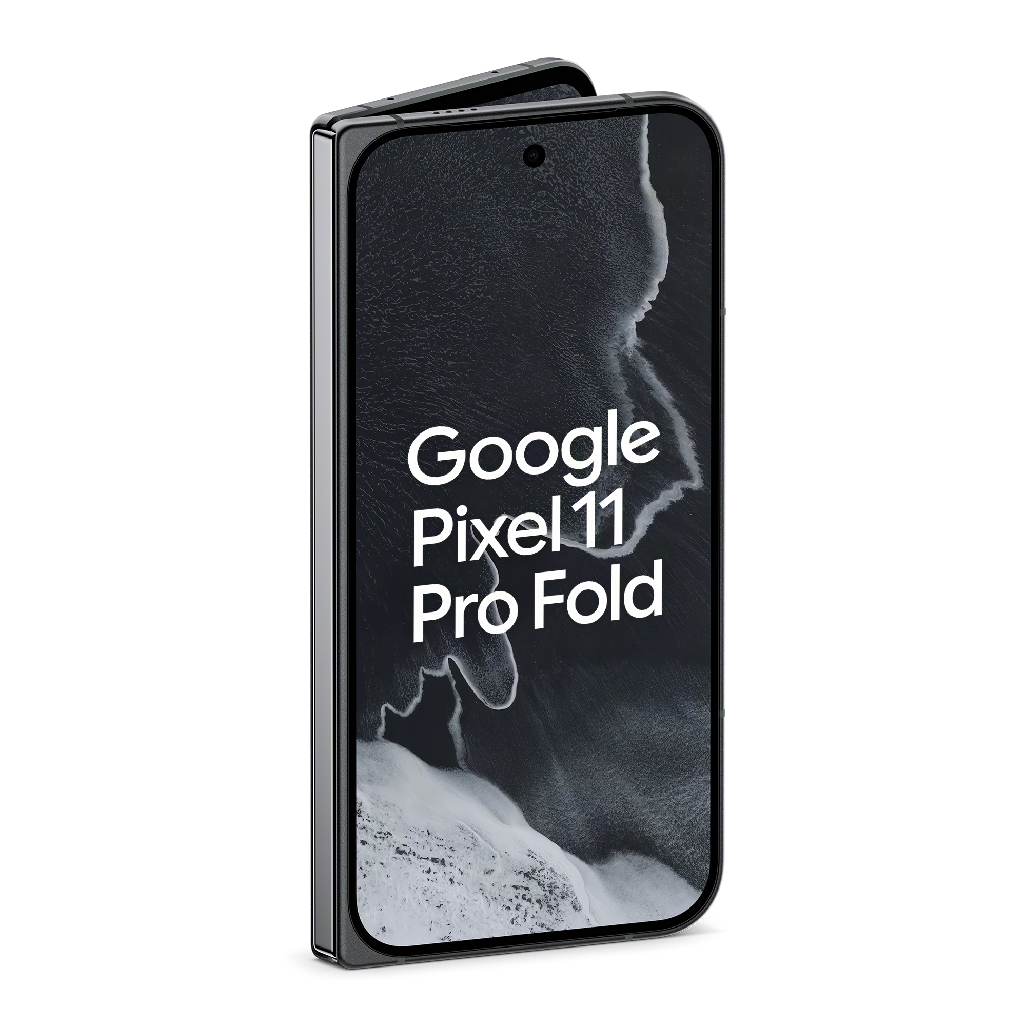 Ein leicht geöffnetes faltbares Smartphone mit dem Text Google Pixel 11 Pro Fold auf dem Display.