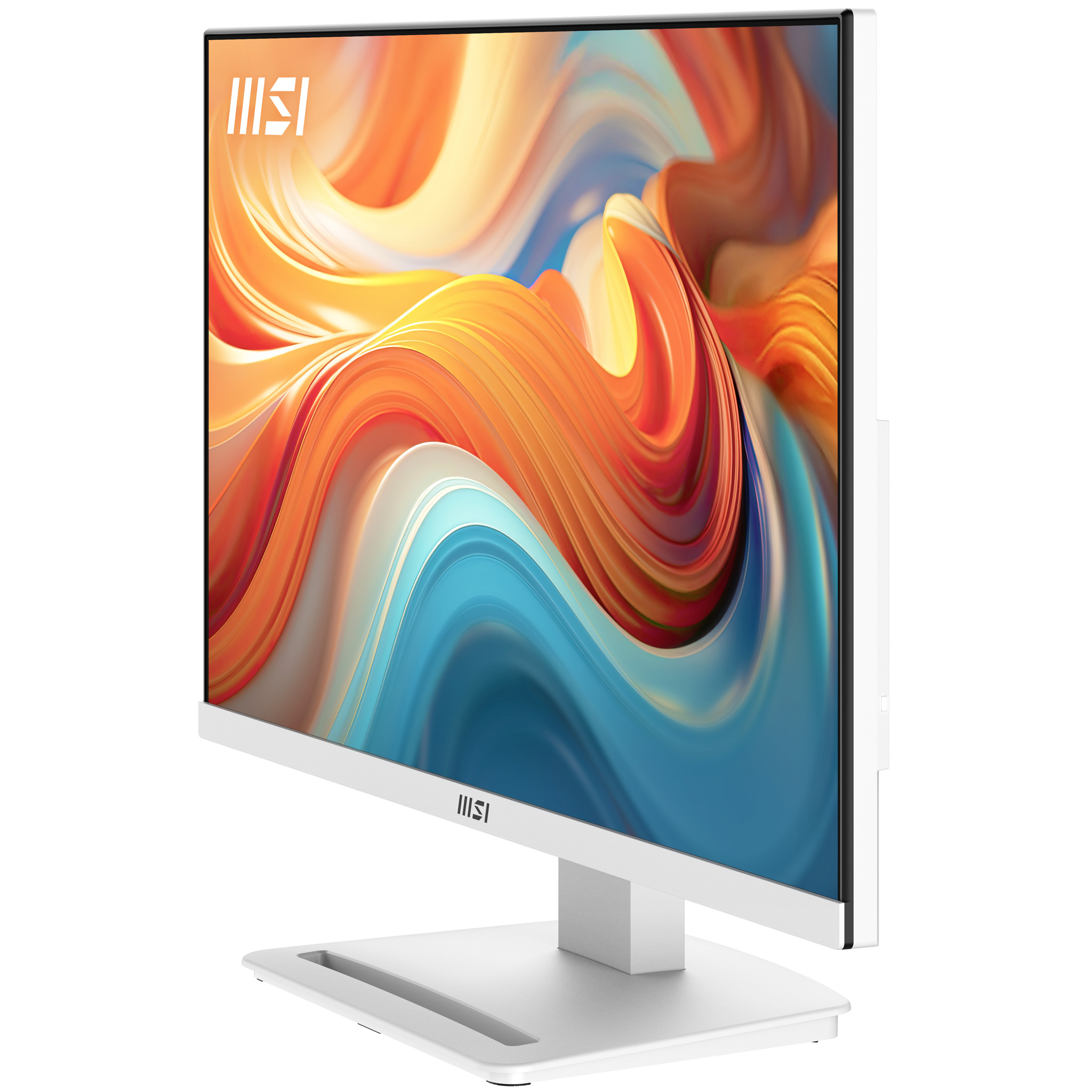 Ein weißer MSI-Monitor mit bunten abstrakten Wellen auf dem Bildschirm und einem stabilen weißen Standfuß.