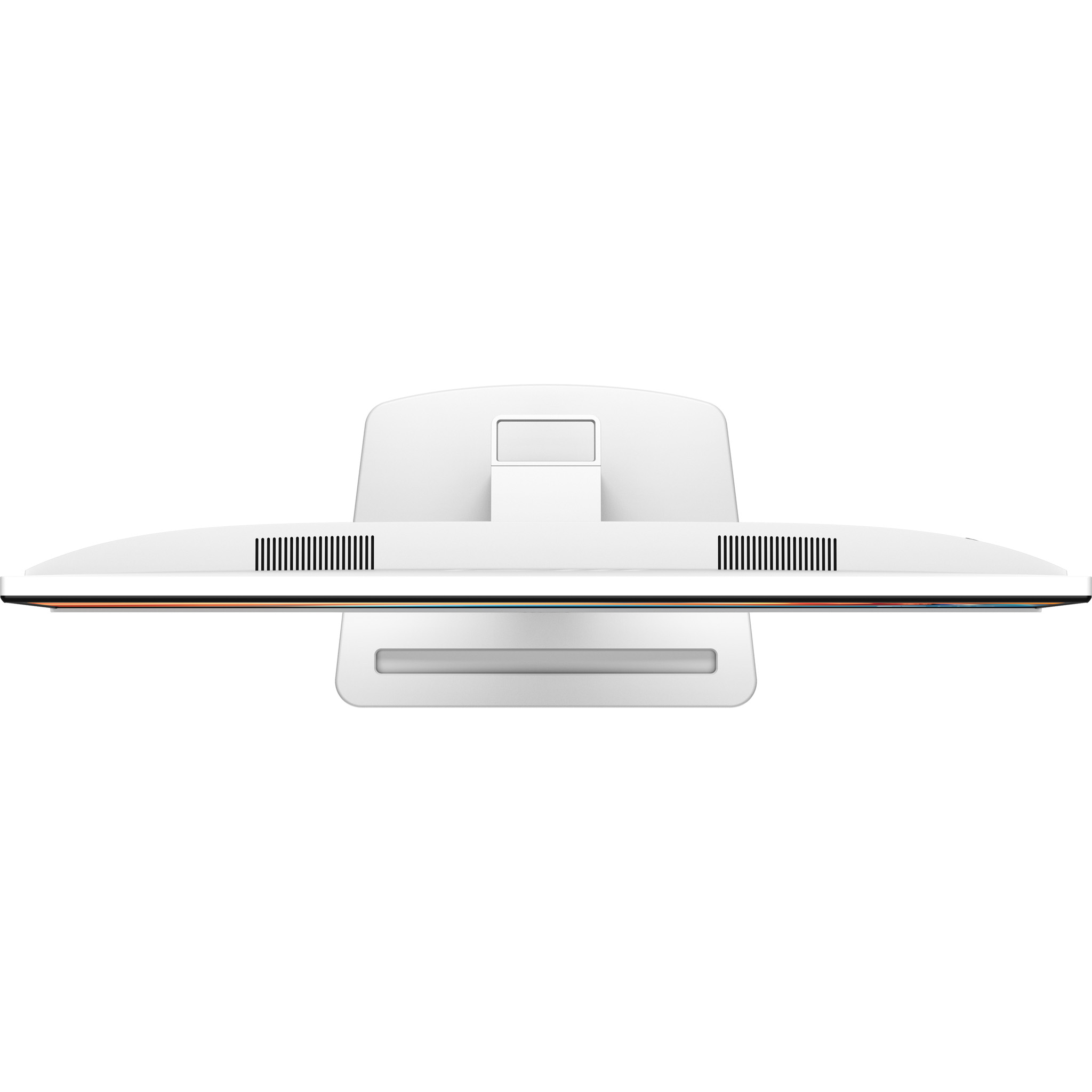 Ansicht von oben auf einen weißen Computerbildschirm mit Standfuß auf neutralem Hintergrund.