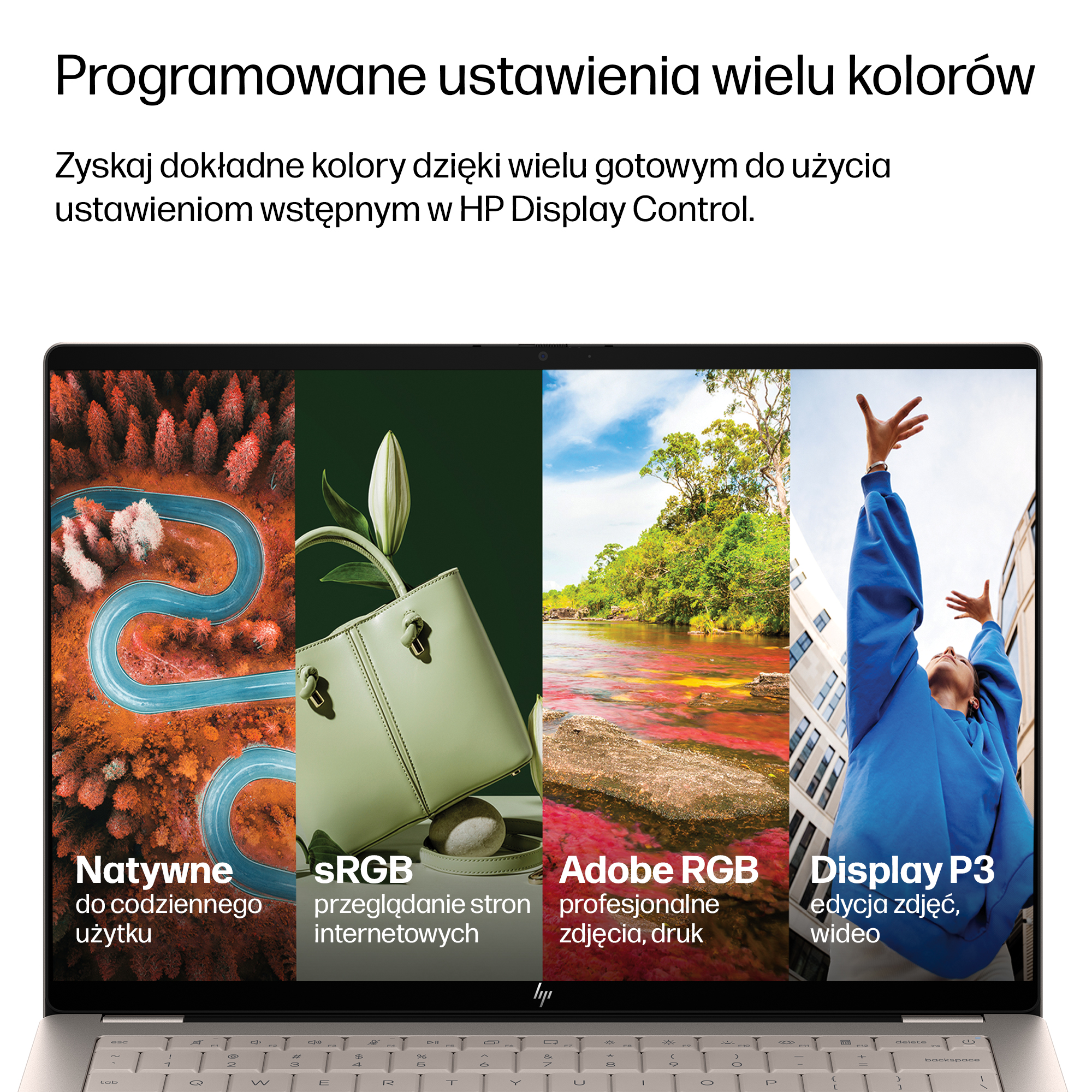 Ekran laptopa z czterema kolorowymi panelami i tekstem o HP Display Control.