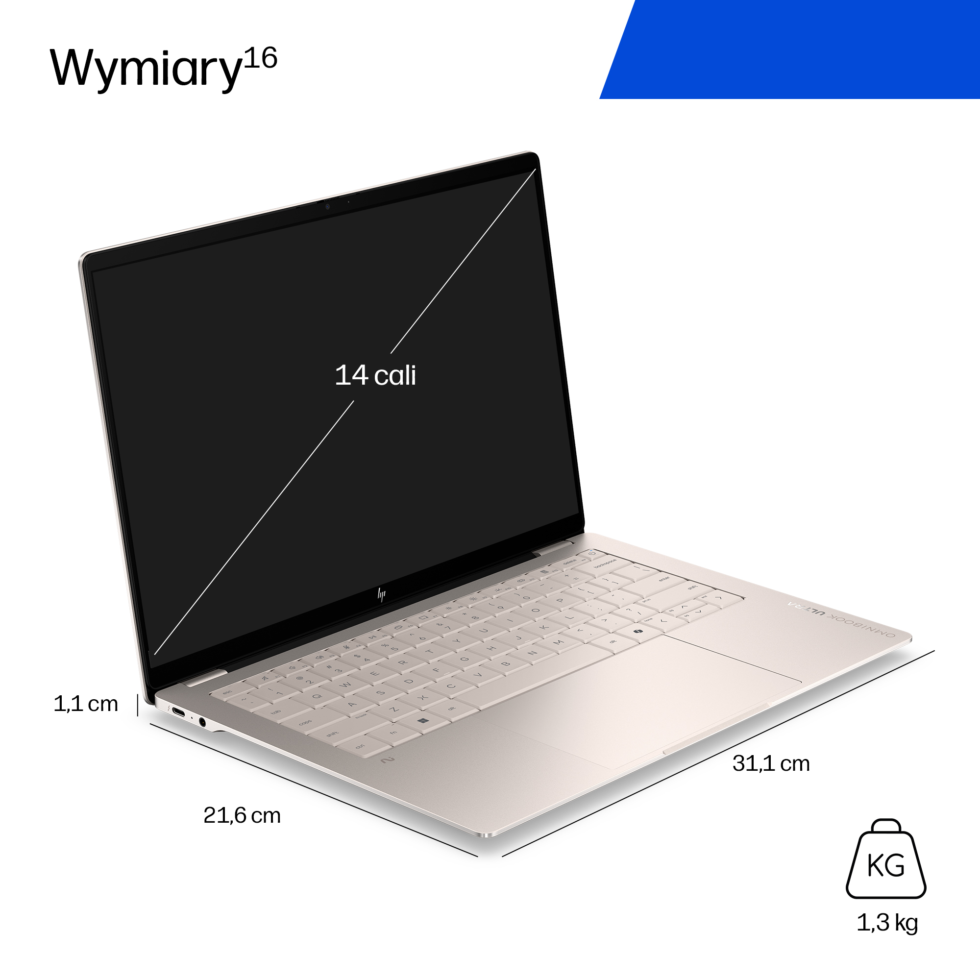 Srebrny laptop z wymiarami: szerokość 31,1 cm, głębokość 21,6 cm, grubość 1,1 cm, waga 1,3 kg i ekran 14 cali.