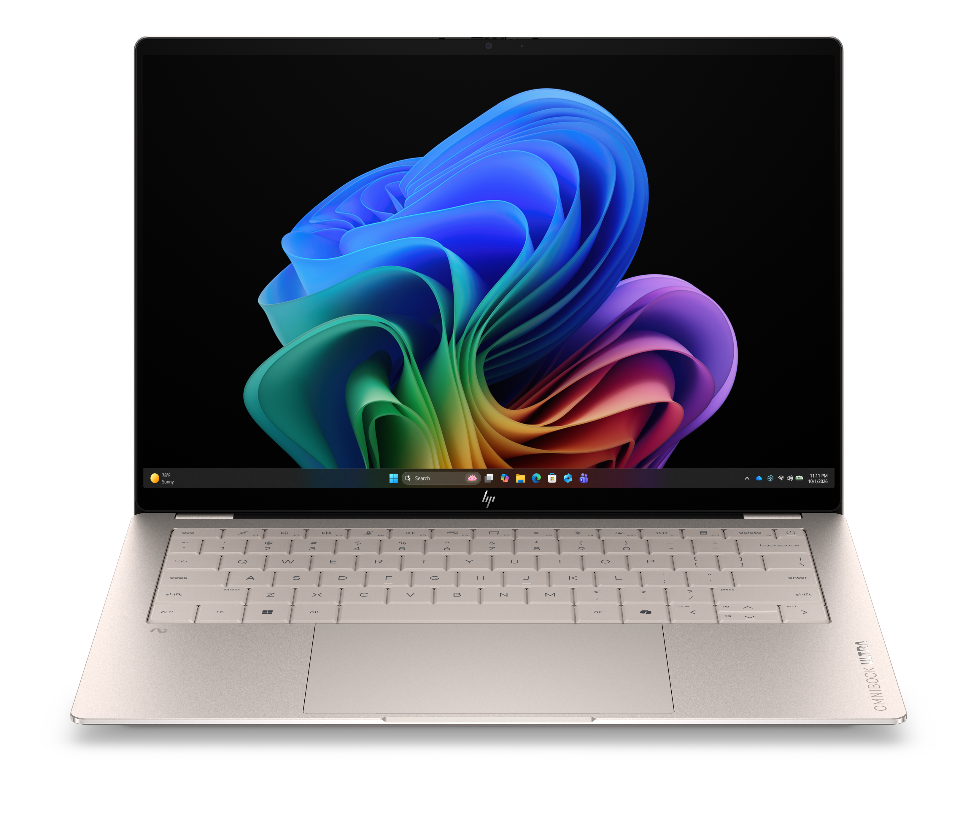 Srebrny laptop z kolorowym, abstrakcyjnym kwiatem na ekranie na czarnym tle.