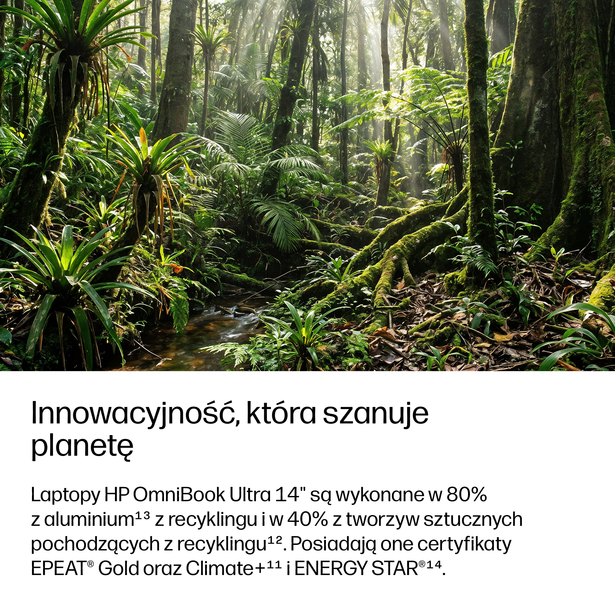 Bujny las z promieniami słońca i tekst o materiałach z recyklingu w laptopach HP.